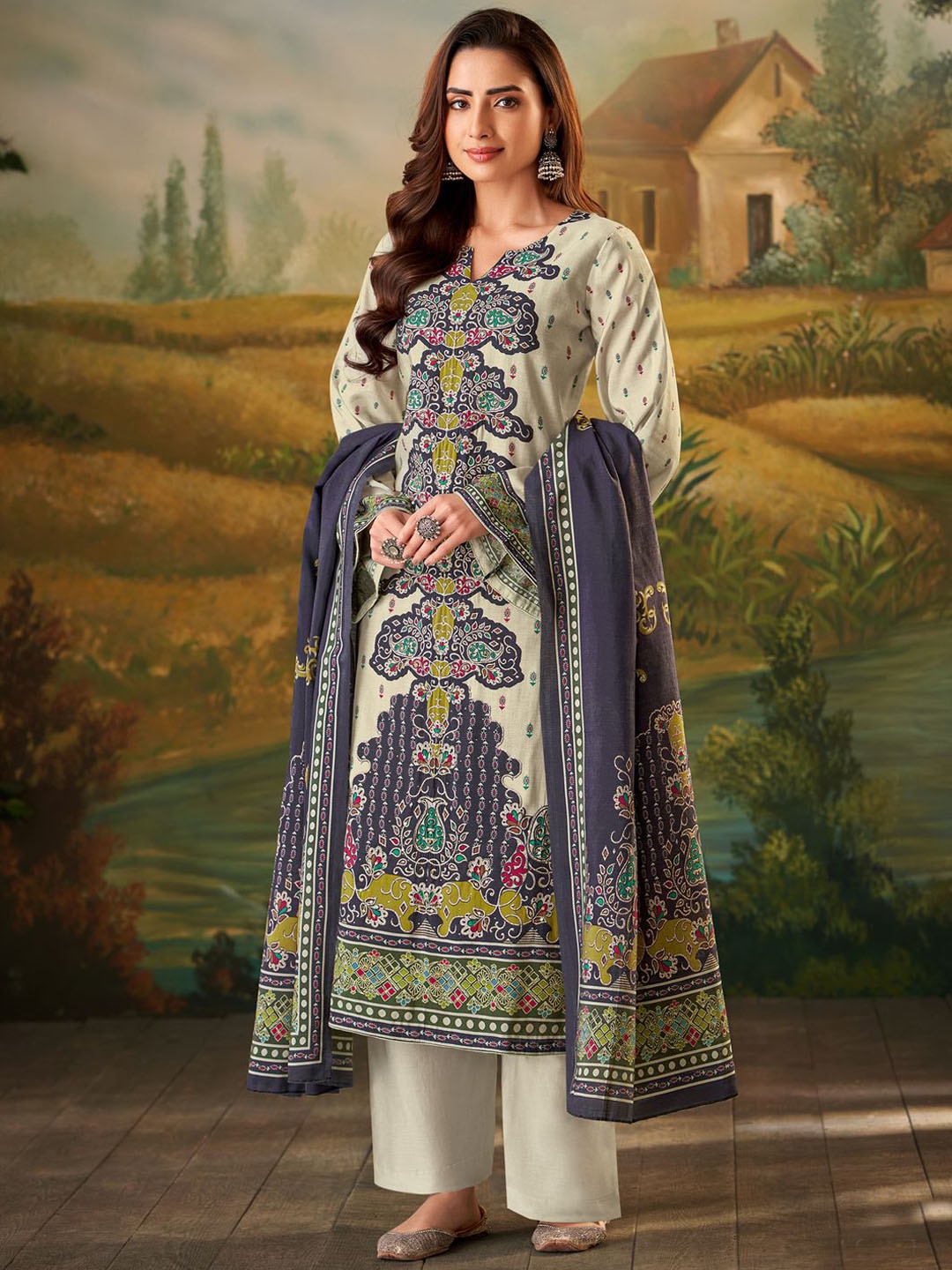 

Stylee LIFESTYLE Floral Printed Pure Silk Unstitched Dress Material, Cream
