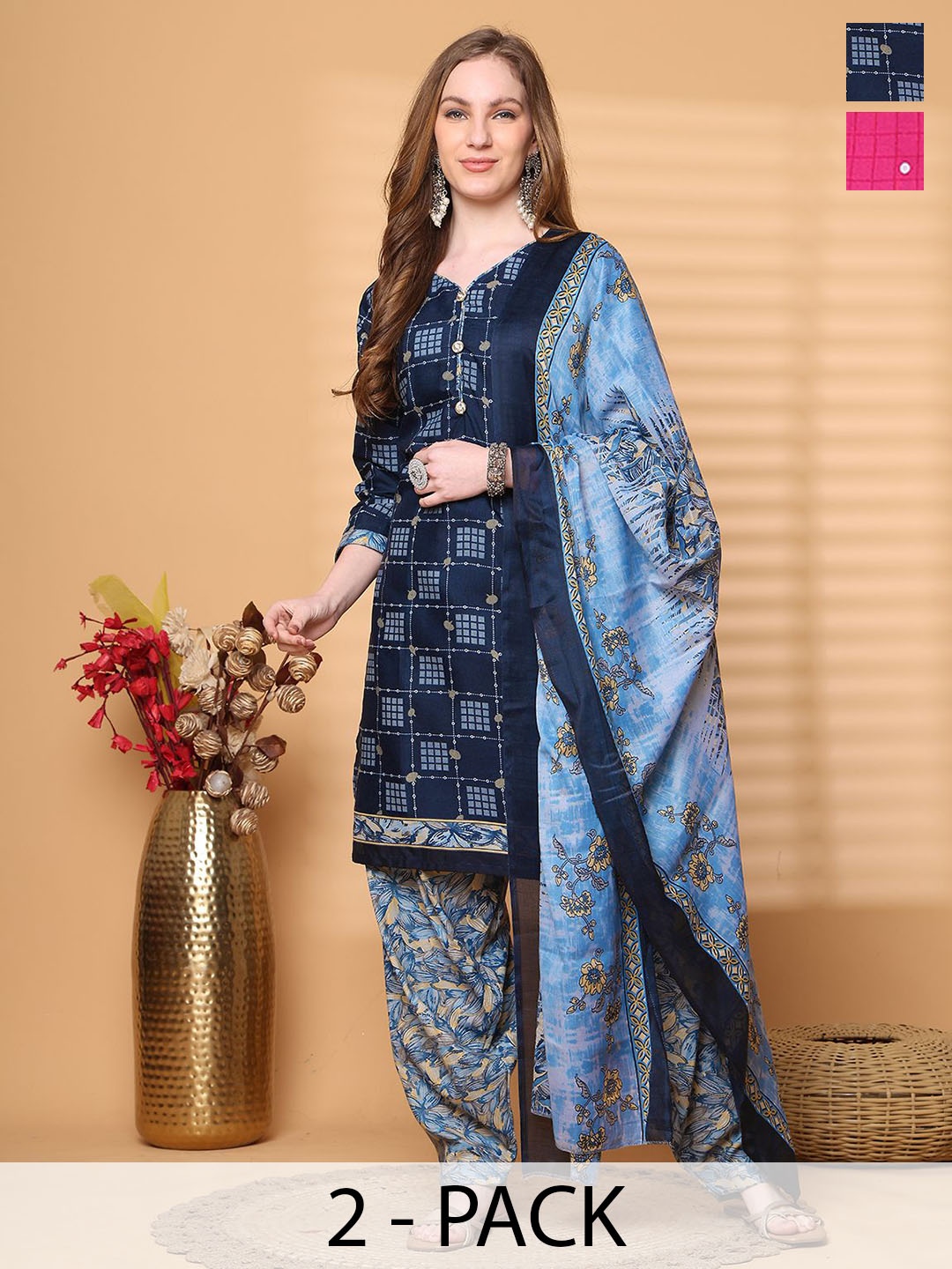 

Merira Selection Of 2 Floral Printed V-Neck Straight Kurta With Salwar & Dupatta, Pink