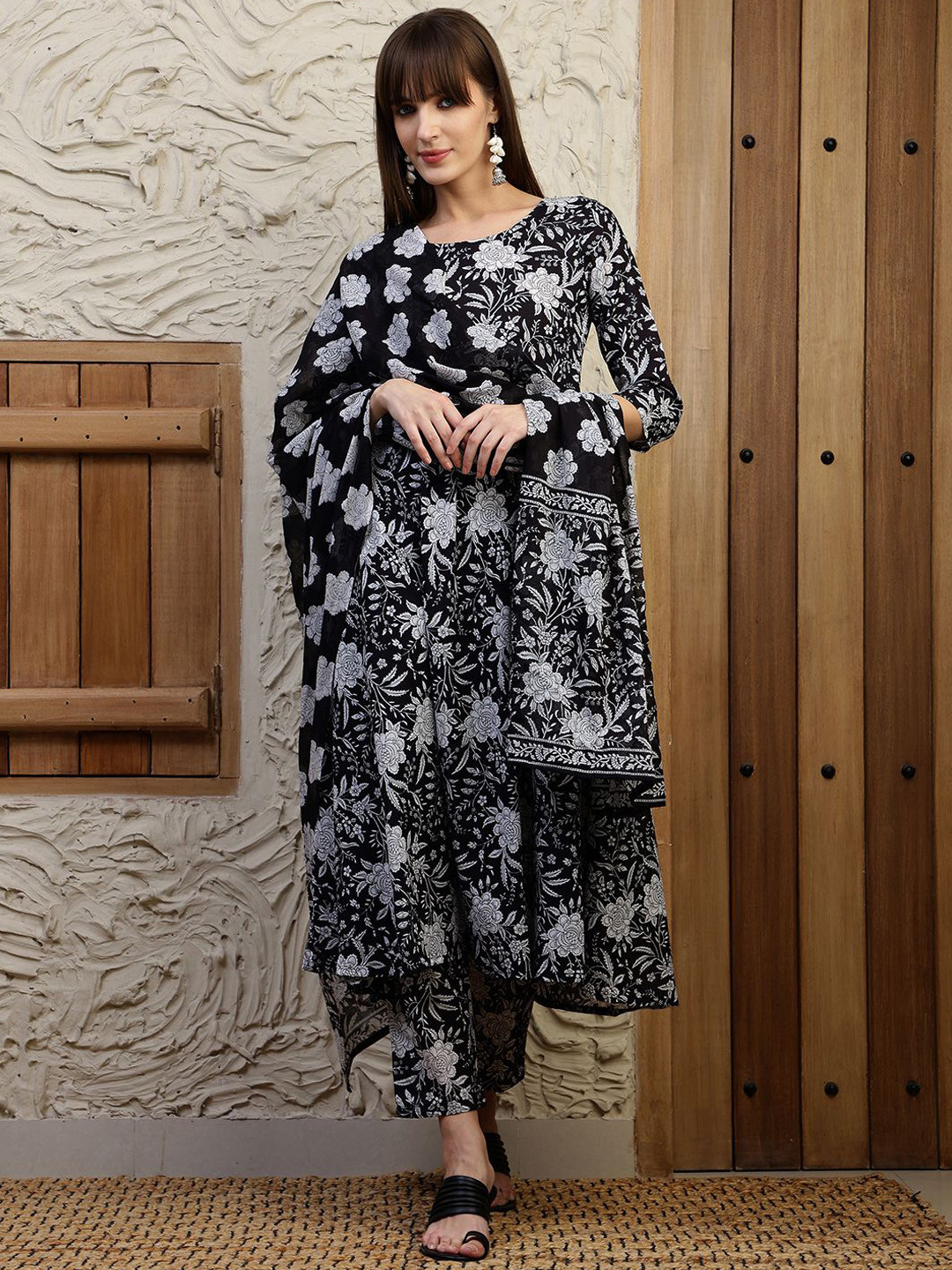 

KALINI Floral Printed Pure Cotton A-Line Kurta With Trousers & Dupatta, Black