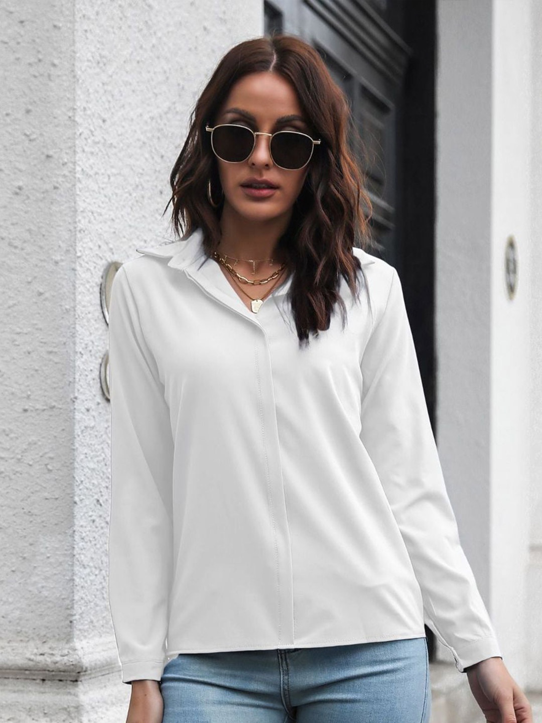 

Oh Rare Women Cuffed Sleeves Shirt Style Top, White