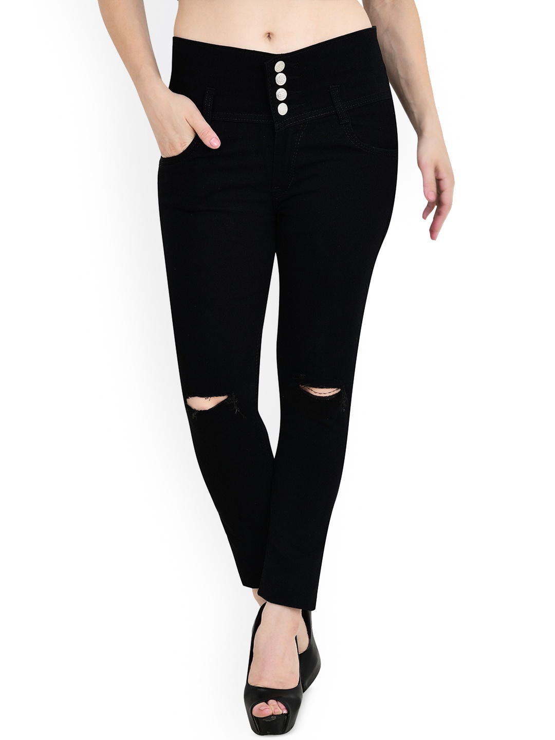 

LINARIA Women Classic Slim Fit Mildly Distressed Jeans, Black