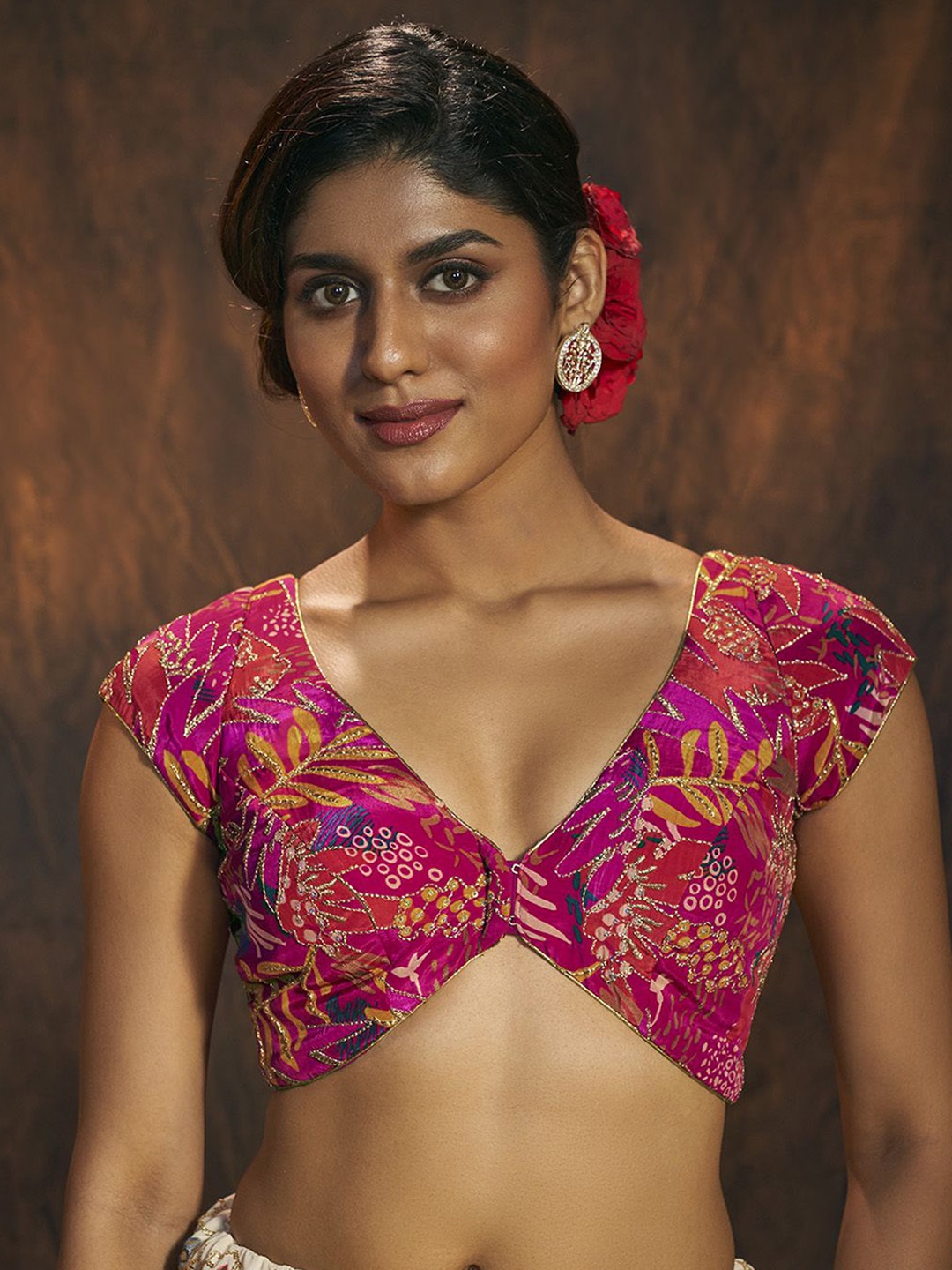 

SALWAR STUDIO Women Embroidered V-Neck Padded Saree Blouse, Pink
