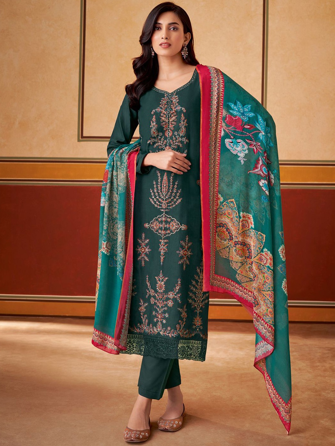 

Stylee LIFESTYLE Embroidered Pure Silk Unstitched Dress Material, Teal