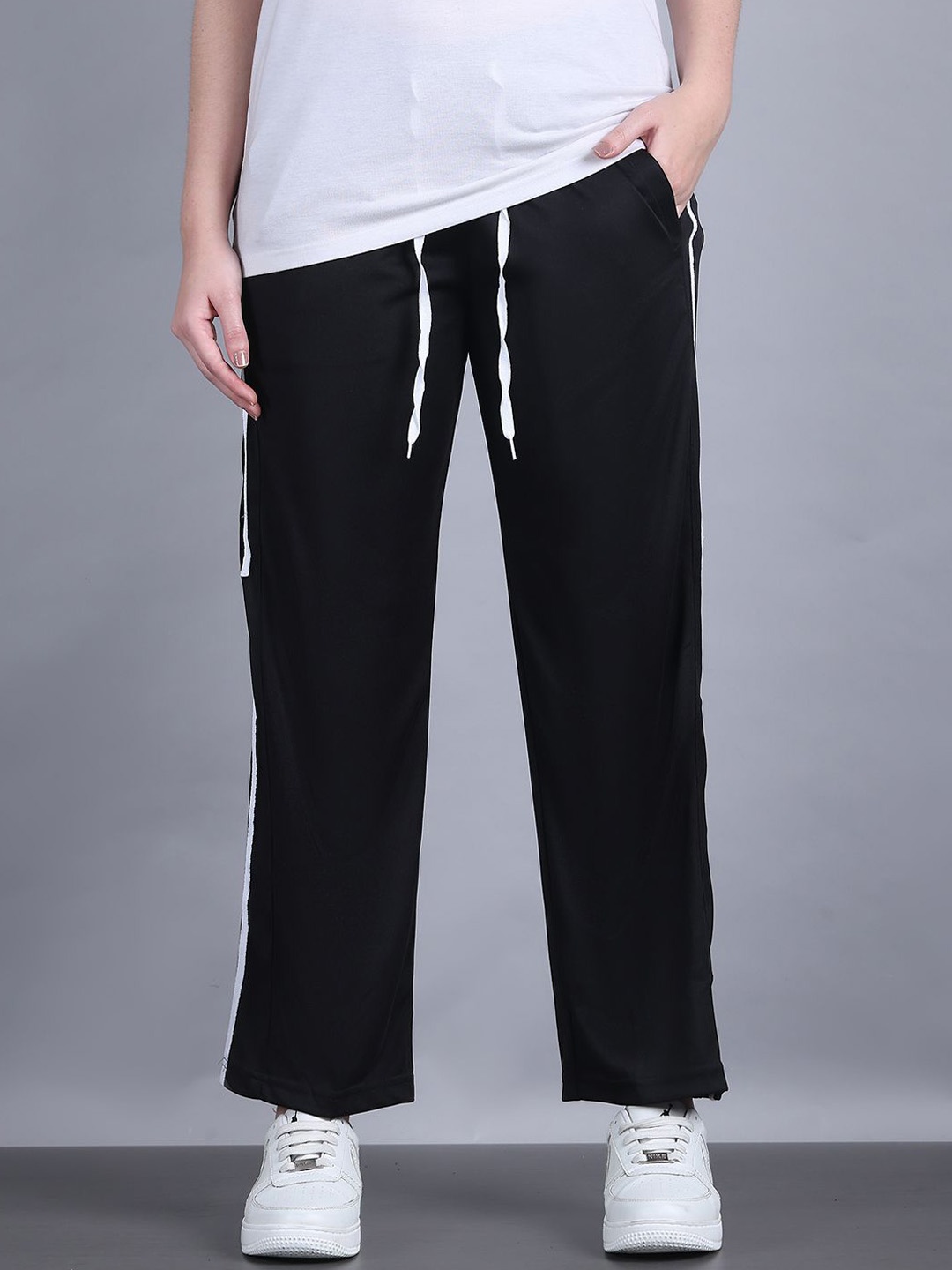 

MACK JONNEY Women Striped Relaxed Fit Track Pants, Black