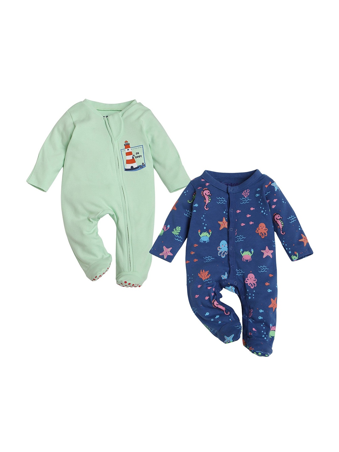 

BONTOTS Kids Pack Of 2 Printed Organic Cotton Sleepsuits, Green