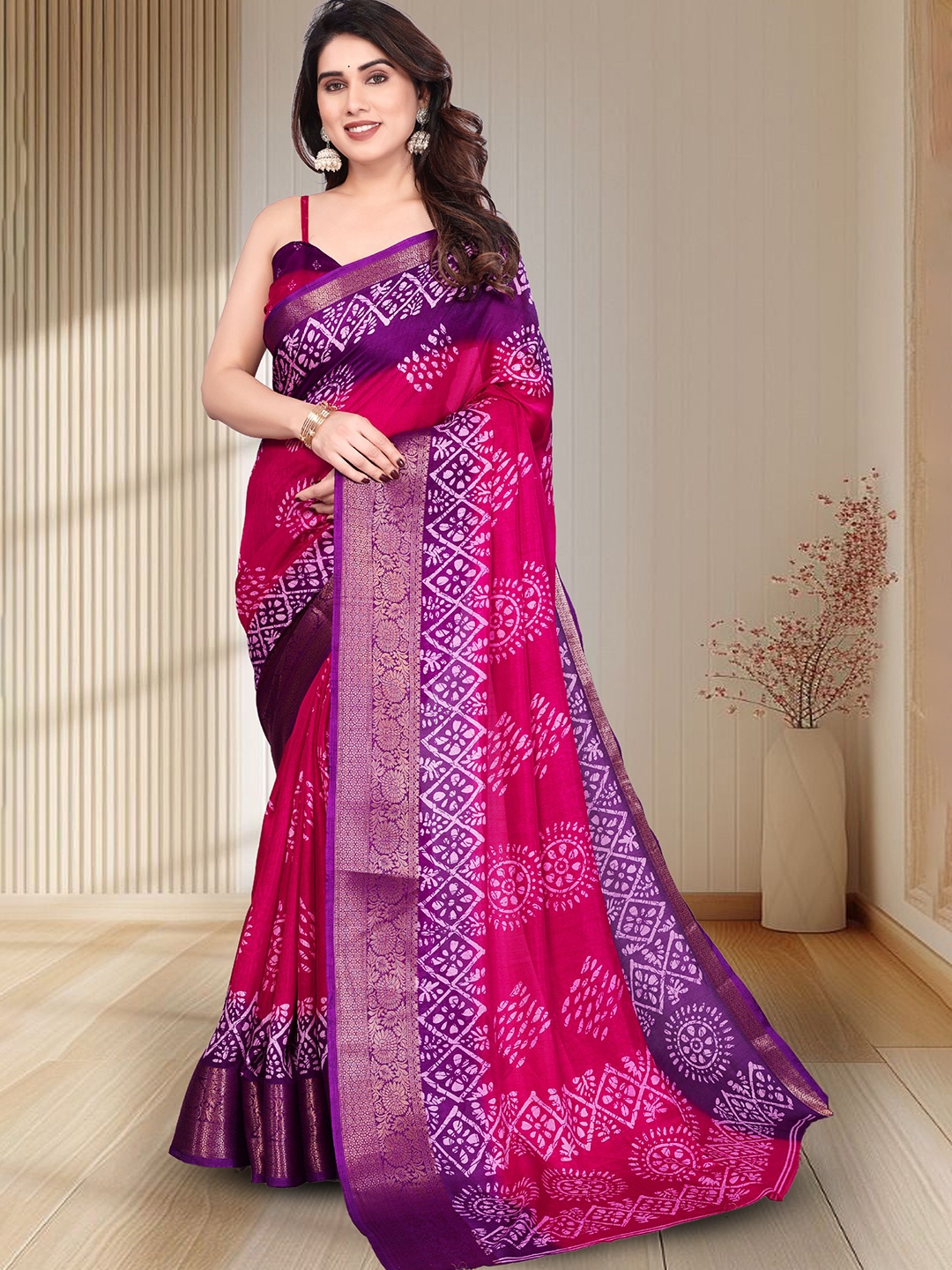 

MAGNEITTA Batik Zari Silk Blend Jamdani Saree, Pink