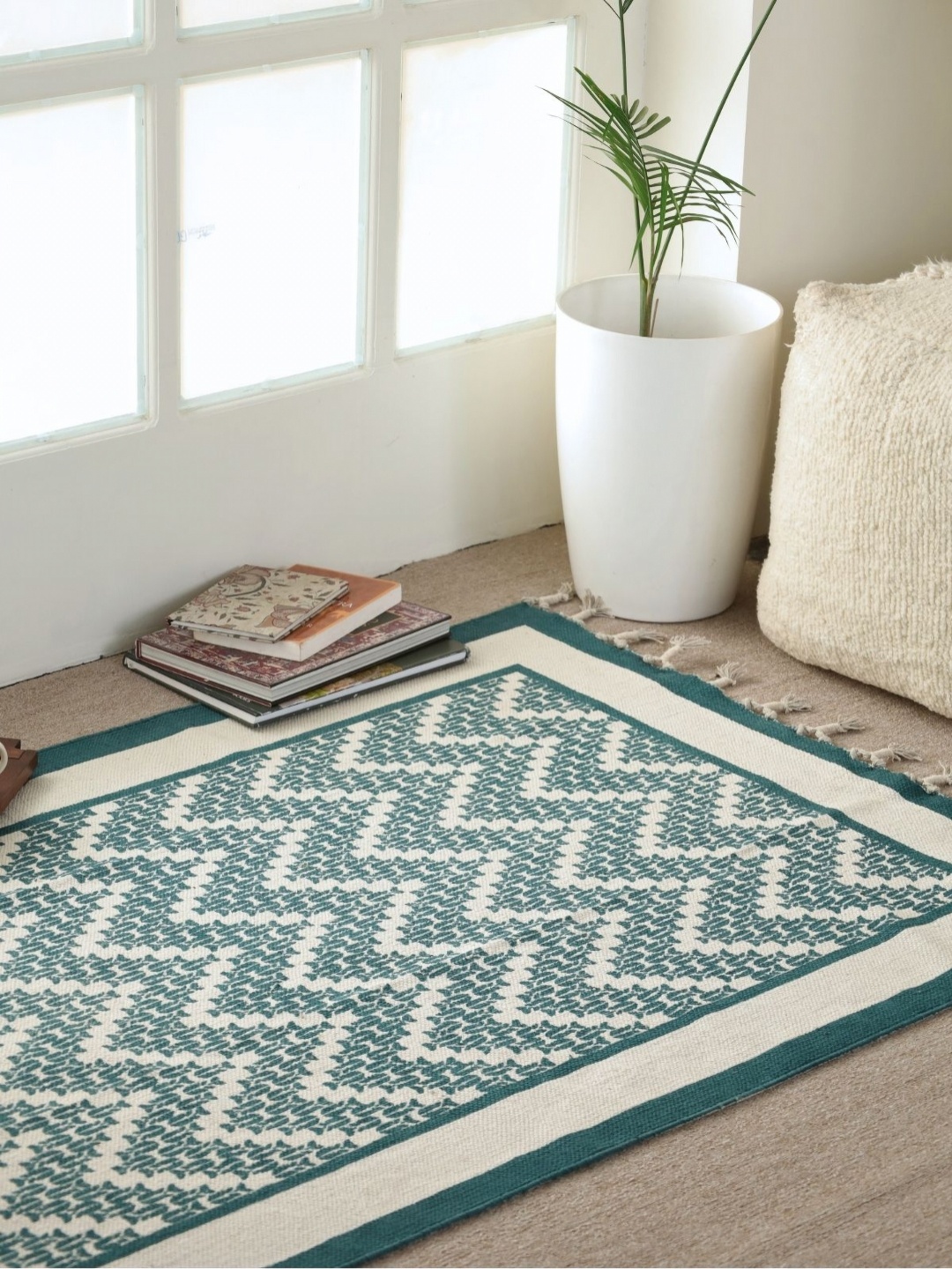 

Peepul Tree Cream-Coloured Floral Handmade Cotton Carpet