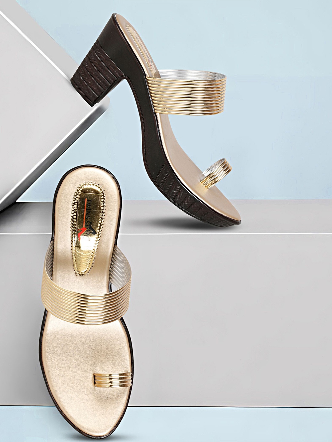 

TWINSSHOE Women One Toe Block-Heeled Heels, Gold
