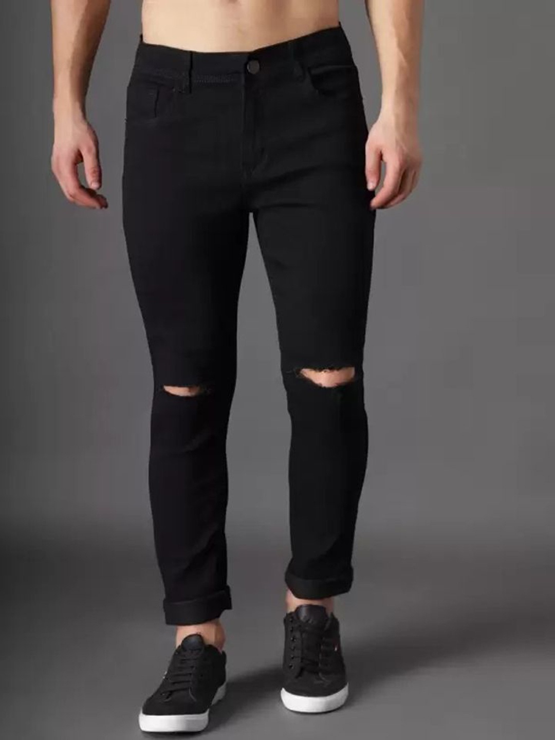

LINARIA Men Cotton Classic Slim Fit Slash Knee Jeans, Black