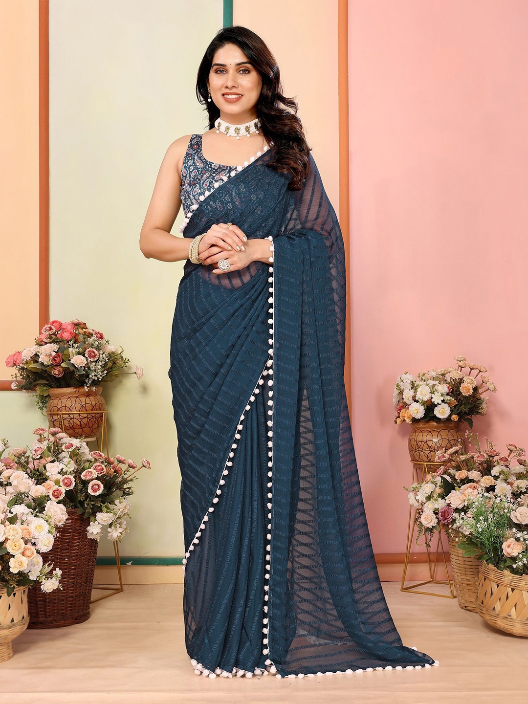 

ROOP SUNDARI SAREES Striped Saree, Teal