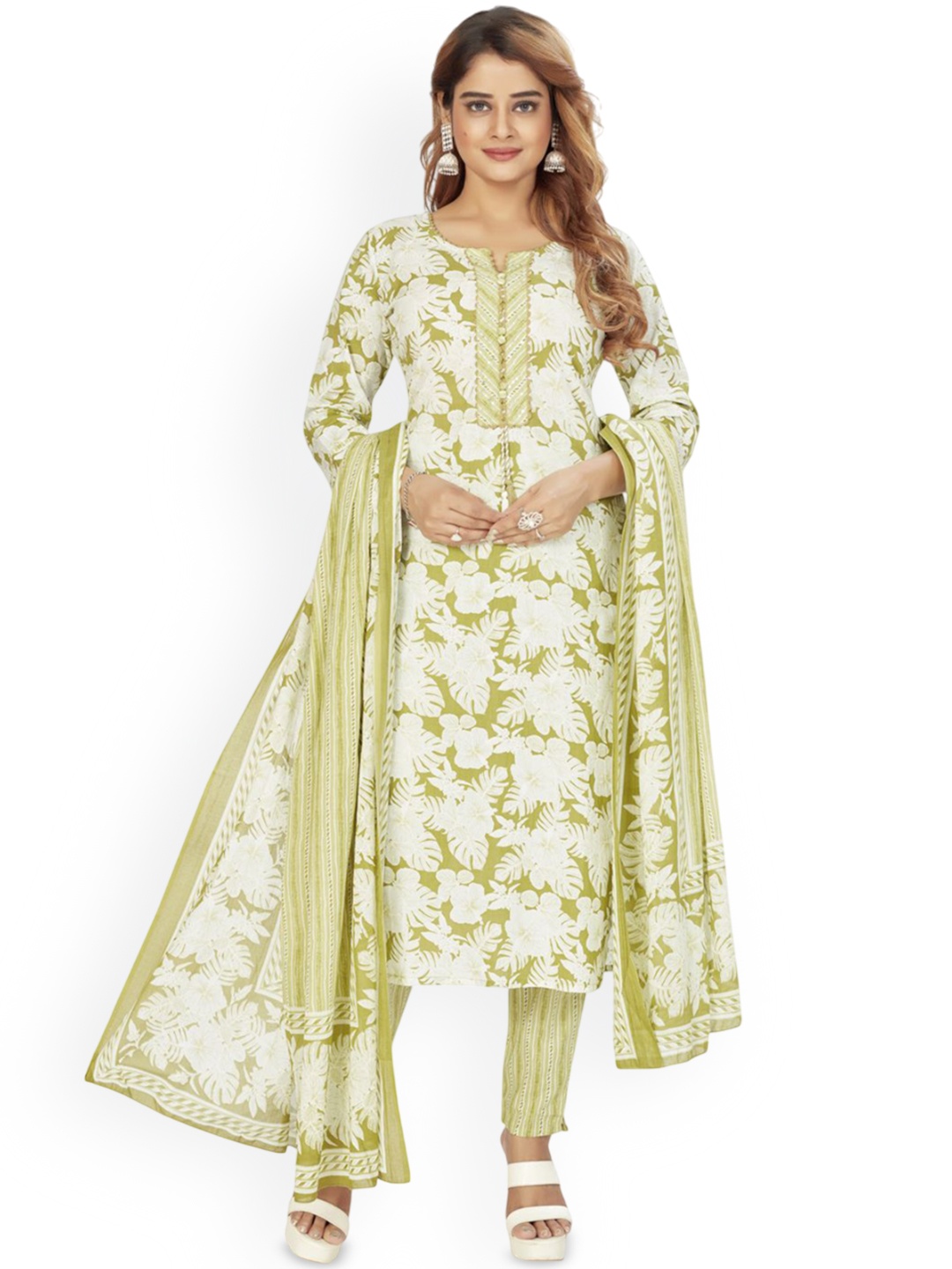 

Amchoor Floral Printed Gotta Patti Pure Cotton Straight Kurta With Trouser & Dupatta, Green