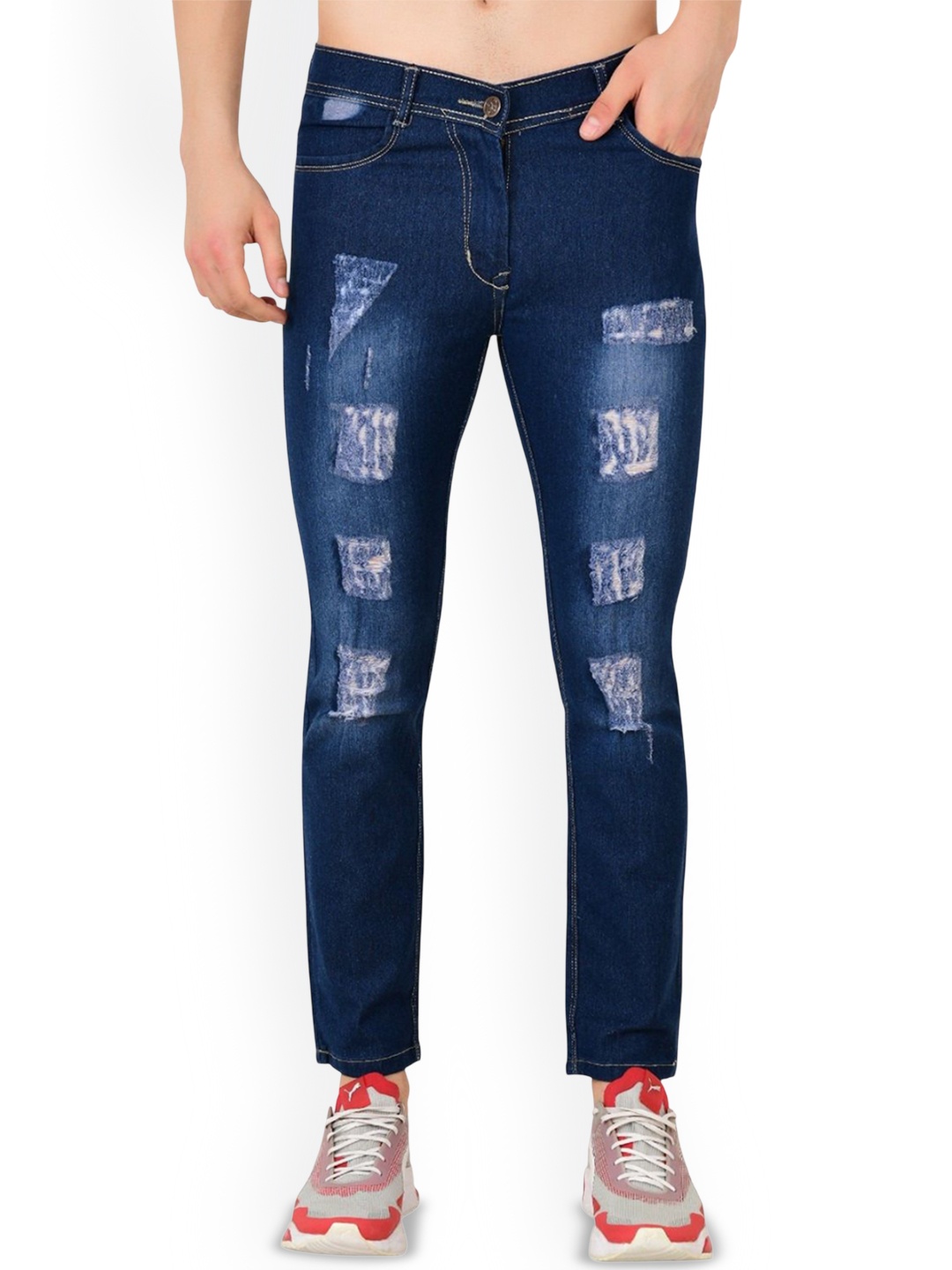 

LINARIA Men Classic Tapered Fit Low-Rise Mildly Distressed Light Fade Cotton Jeans, Blue
