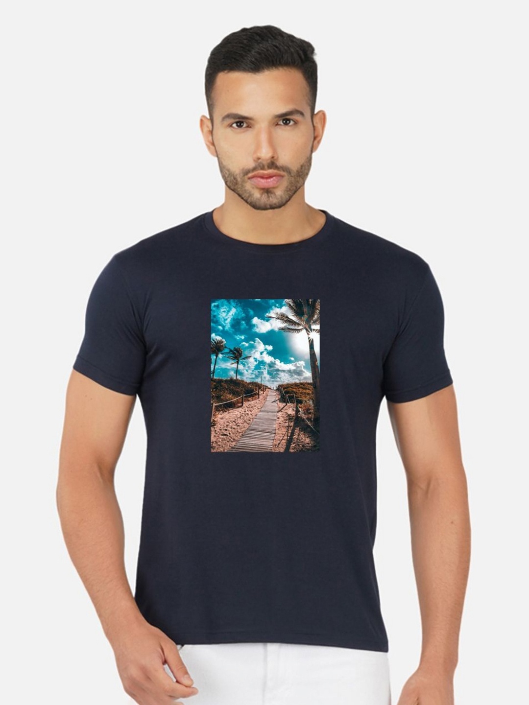 

Moda Rapido Men Printed Bio Finish Applique T-shirt, Navy blue
