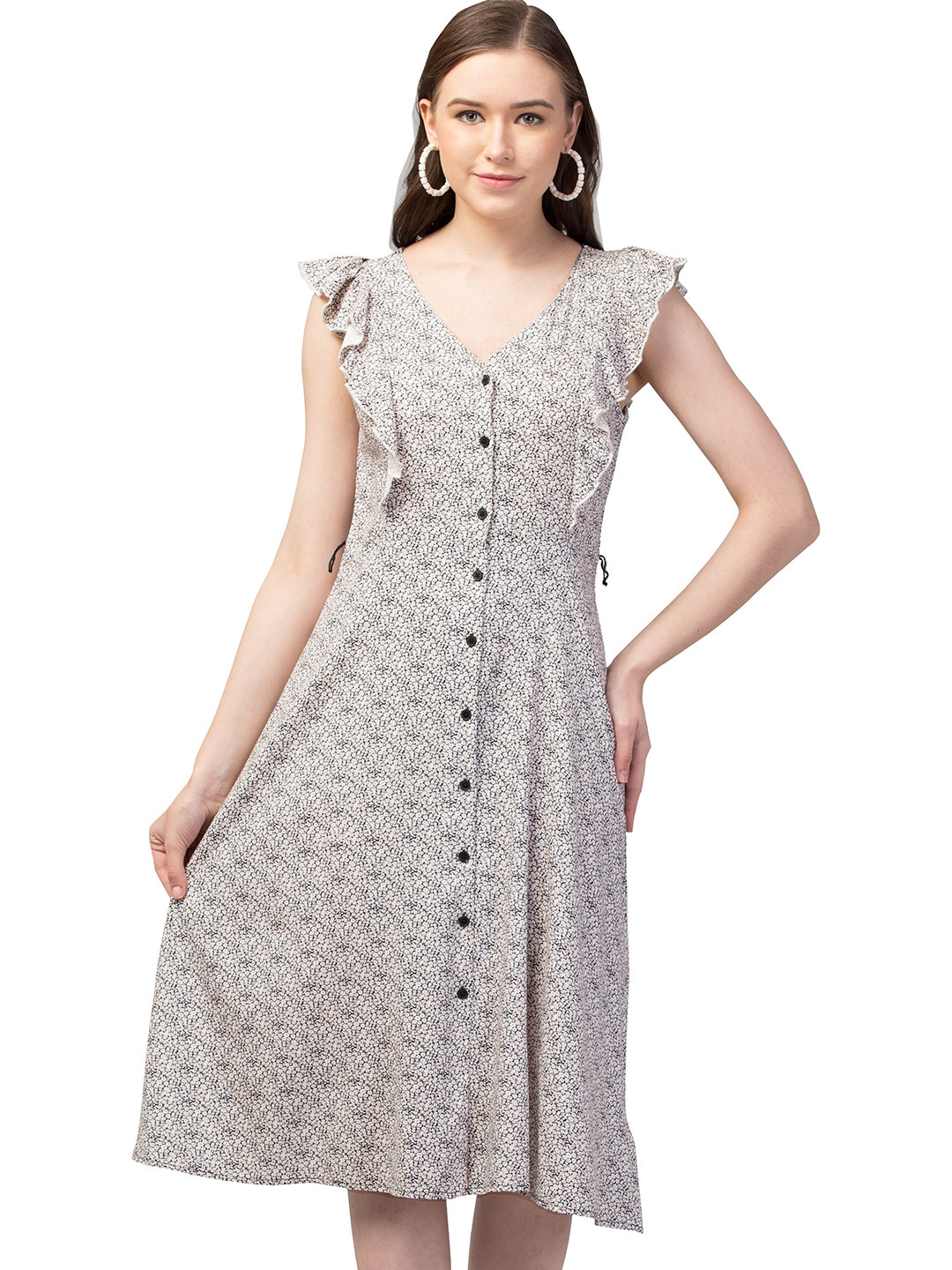 

TRAZO Women Abstract Print Flutter Sleeve A-Line Dress, White