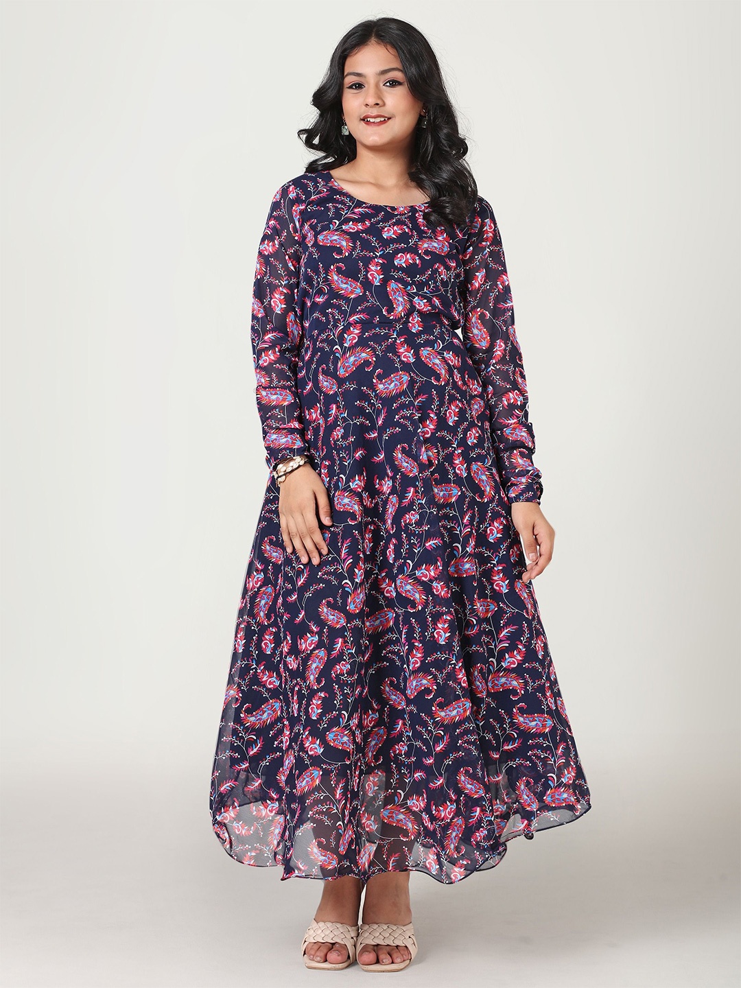 

Aarya Designer Floral Printed Georgette Fit & Flare Maxi Dress, Navy blue