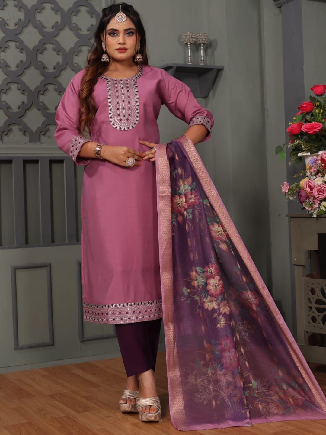 

Maheesha Floral Yoke Design Thread Work Straight Kurta With Trousers & Dupatta, Lavender