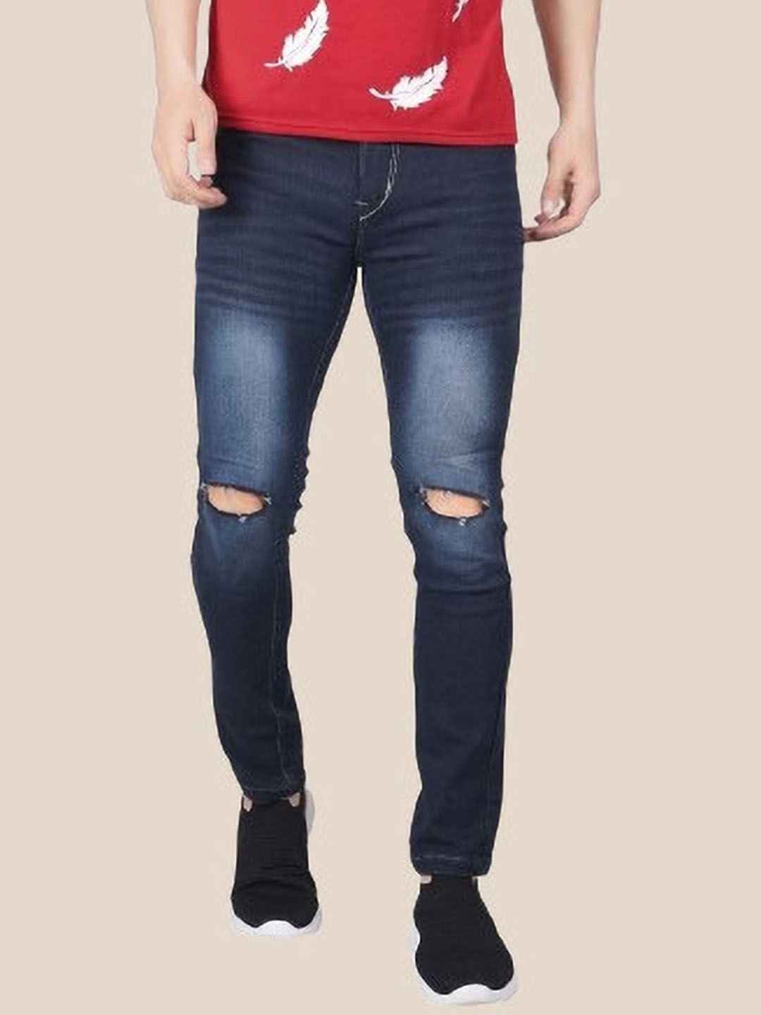 

LINARIA Men Cotton Classic Slim Fit Mid-Rise Slash Knee Heavy Fade Jeans, Blue