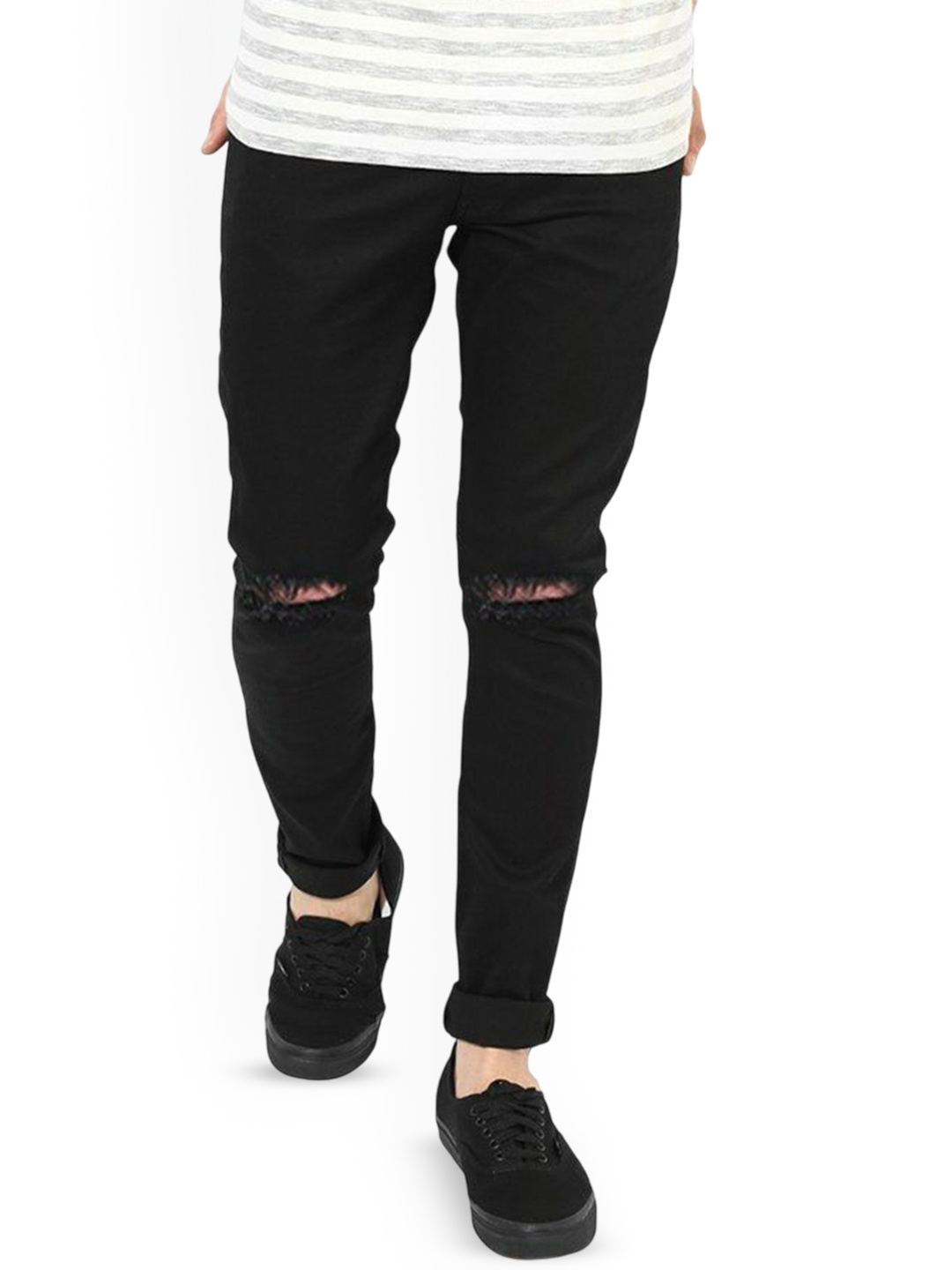 

LINARIA Men Classic Cotton Slim Fit Low-Rise Slash Knee Jeans, Black