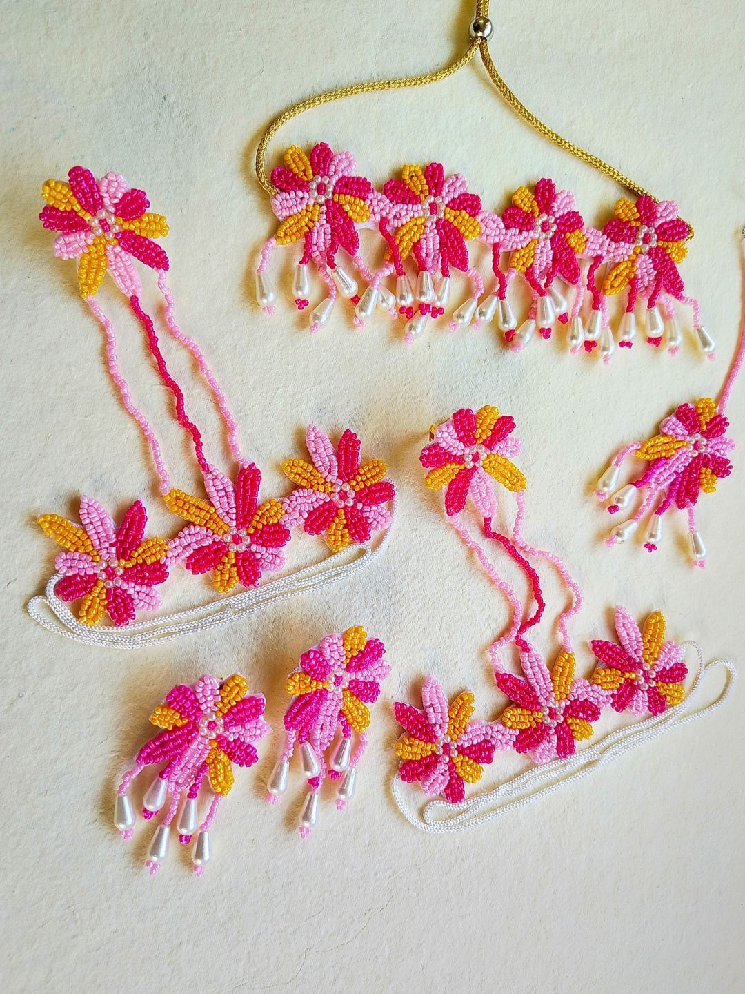 

Sangria Floral Beaded Boho Tasseled Bridal Jewellery Set With Maang Tika, Pink