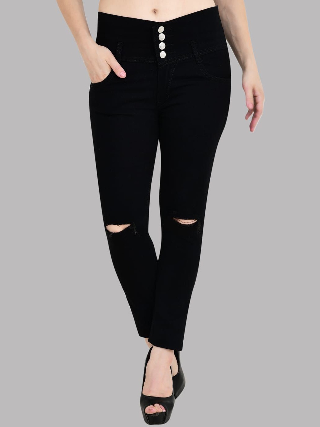 

LINARIA Women Classic Slim Fit Slash Knee Jeans, Black