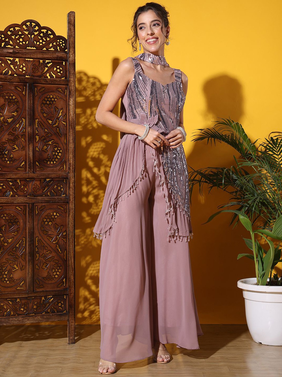 

Chhabra 555 Sequinned Assymetical Tassled Kurta Palazzo Set With Dupatta, Mauve