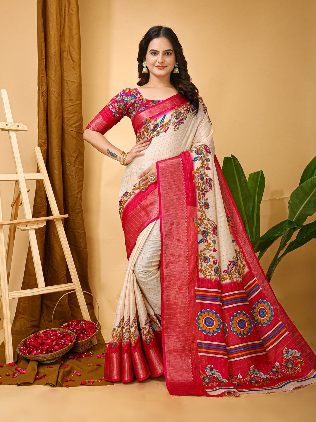 

Panzora Floral Printed Zari Saree, Cream