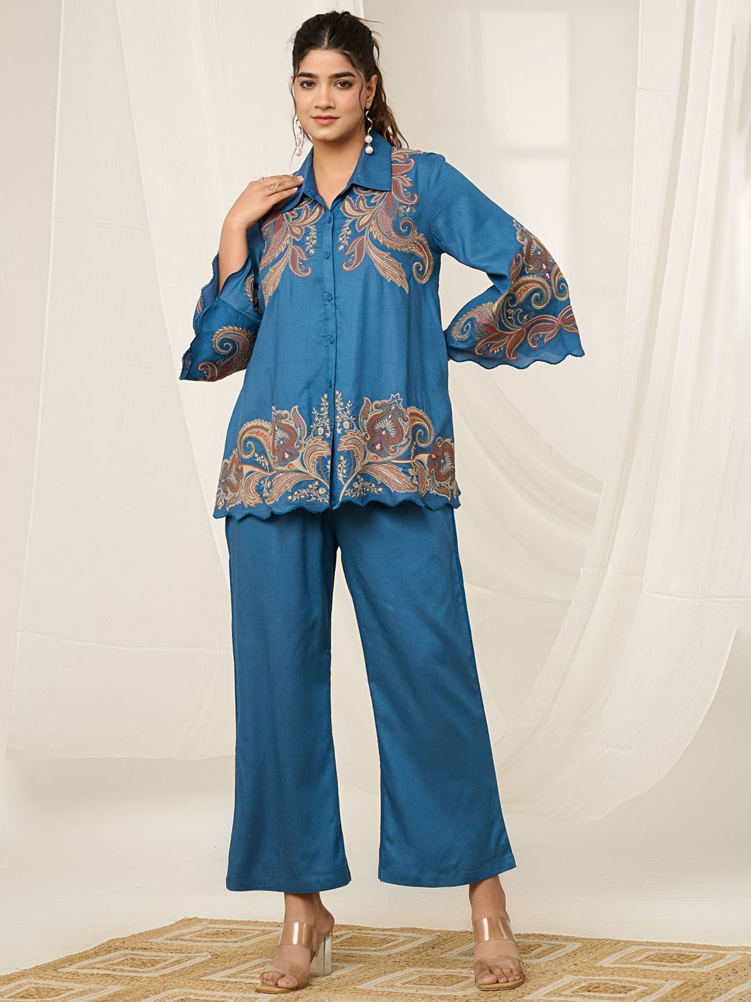 

FREYAA Embroidered Three-Quarter Sleeves Pure Cotton Shirt With Palazzos, Blue