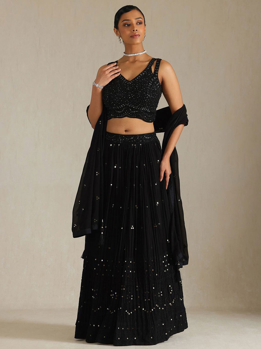 

Soch Floral Embellished Ready to Wear Georgette Lehenga With Blouse & Dupatta, Black