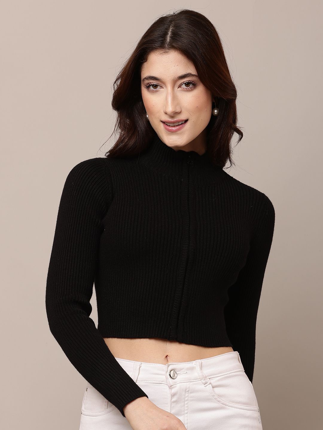 

NoBarr Women Ribbed Crop Front-Open Sweaters, Black