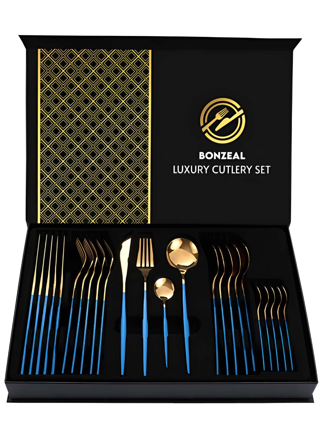 

BonZeaL Rainbow Blue & Gold Toned 24 Pieces Stainless Steel Cutlery Set