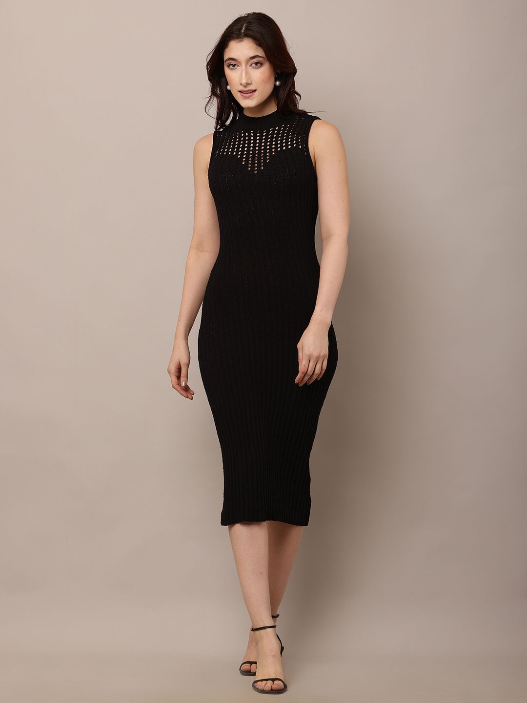 

NoBarr Self Design Knits Bodycon Midi Dress, Black