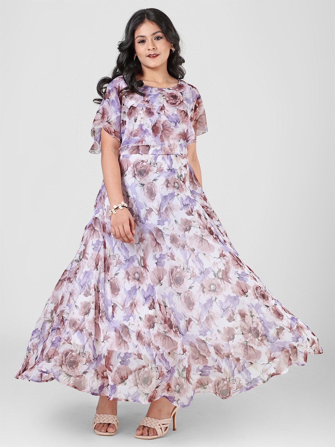 

Aarya Designer Women Floral Print Flared Sleeves Fit & Flare Maxi Dress, Brown