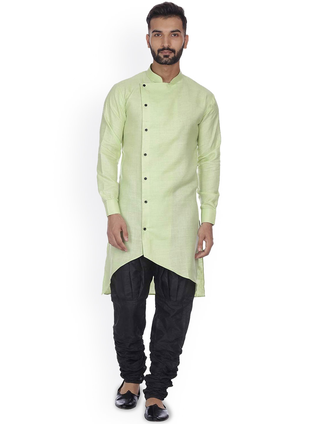 

VEERA PARIDHAAN High Slit Mandarin Collar Cotton A-Line Kurta, Green