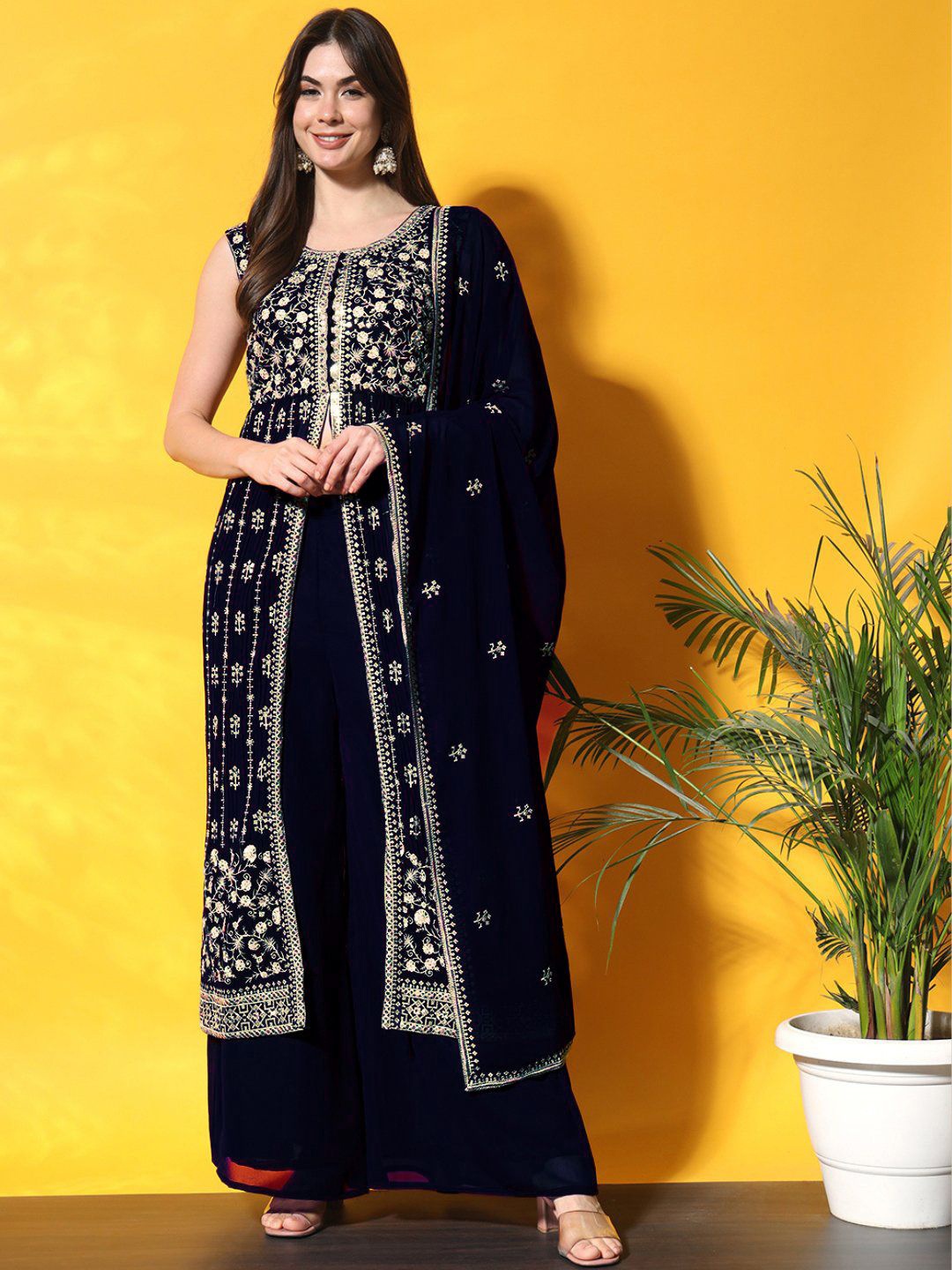 

Chhabra 555 Floral Embroidered Thread Work A-Line Georgette Kurta With Palazzo & Dupatta, Navy blue