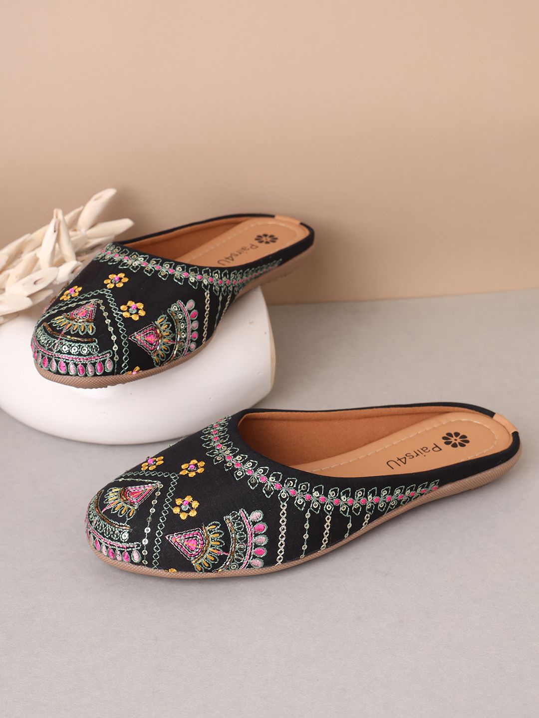

Pairs4U Women Embellished Ethnic Embroidered Mojaris Flats, Black