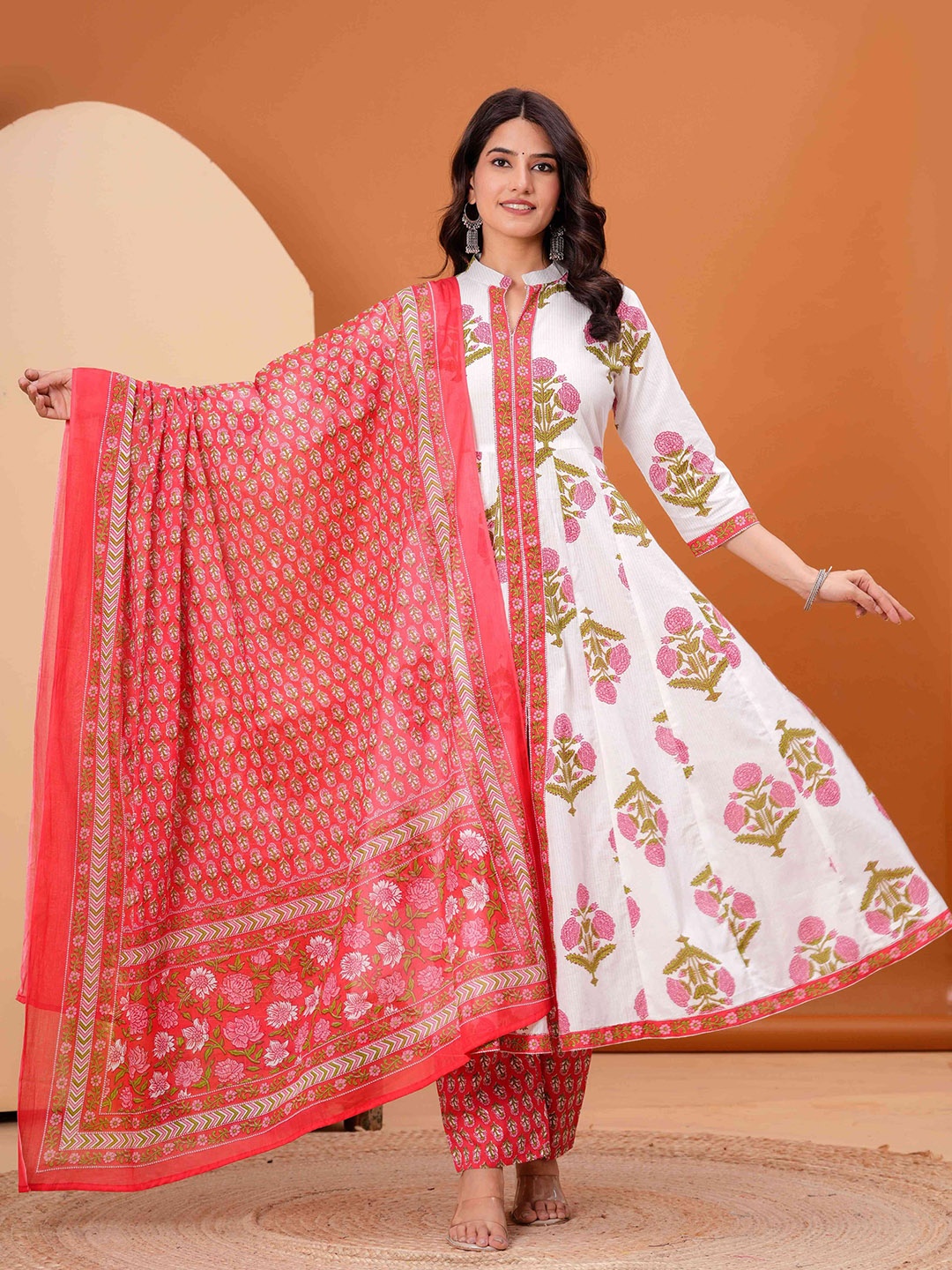 

JAIMINI Floral Printed Pleated Pure Cotton Anarkali Kurta With Trouser & Dupatta, White