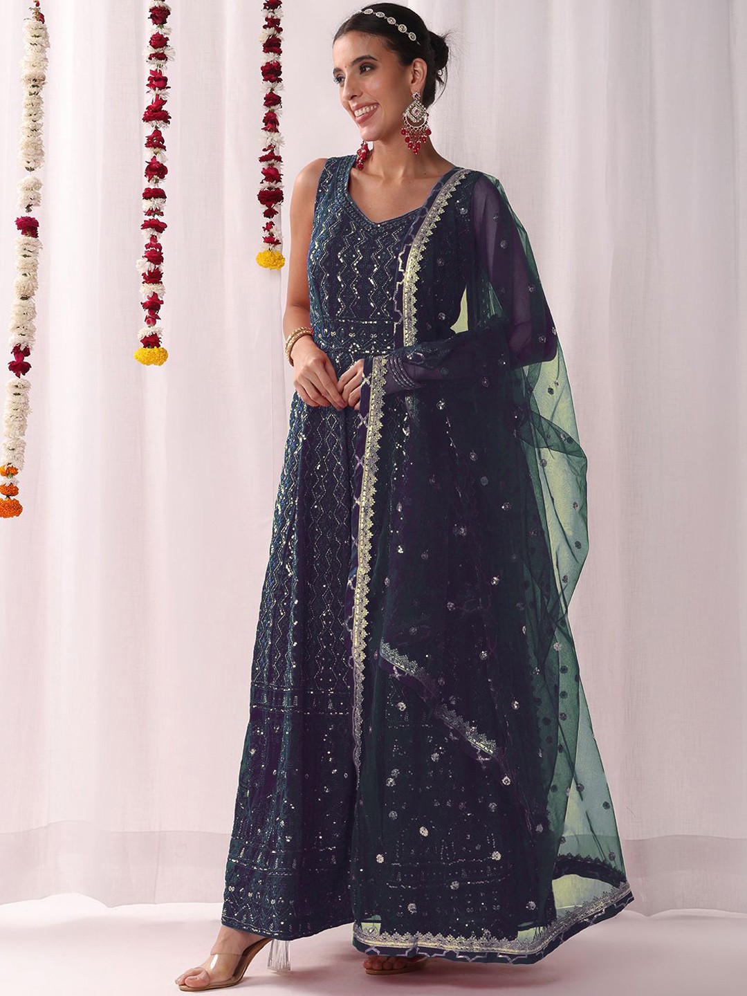 

Chhabra 555 Floral Embroidered Sequinned Georgette Indo-Western Kurta Set, Blue