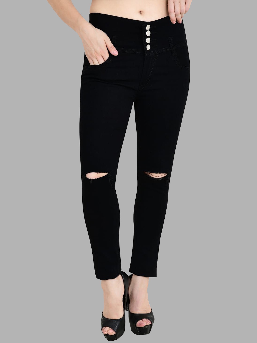 

LINARIA Women Classic Slim Fit Slash Knee Cotton Jeans, Black