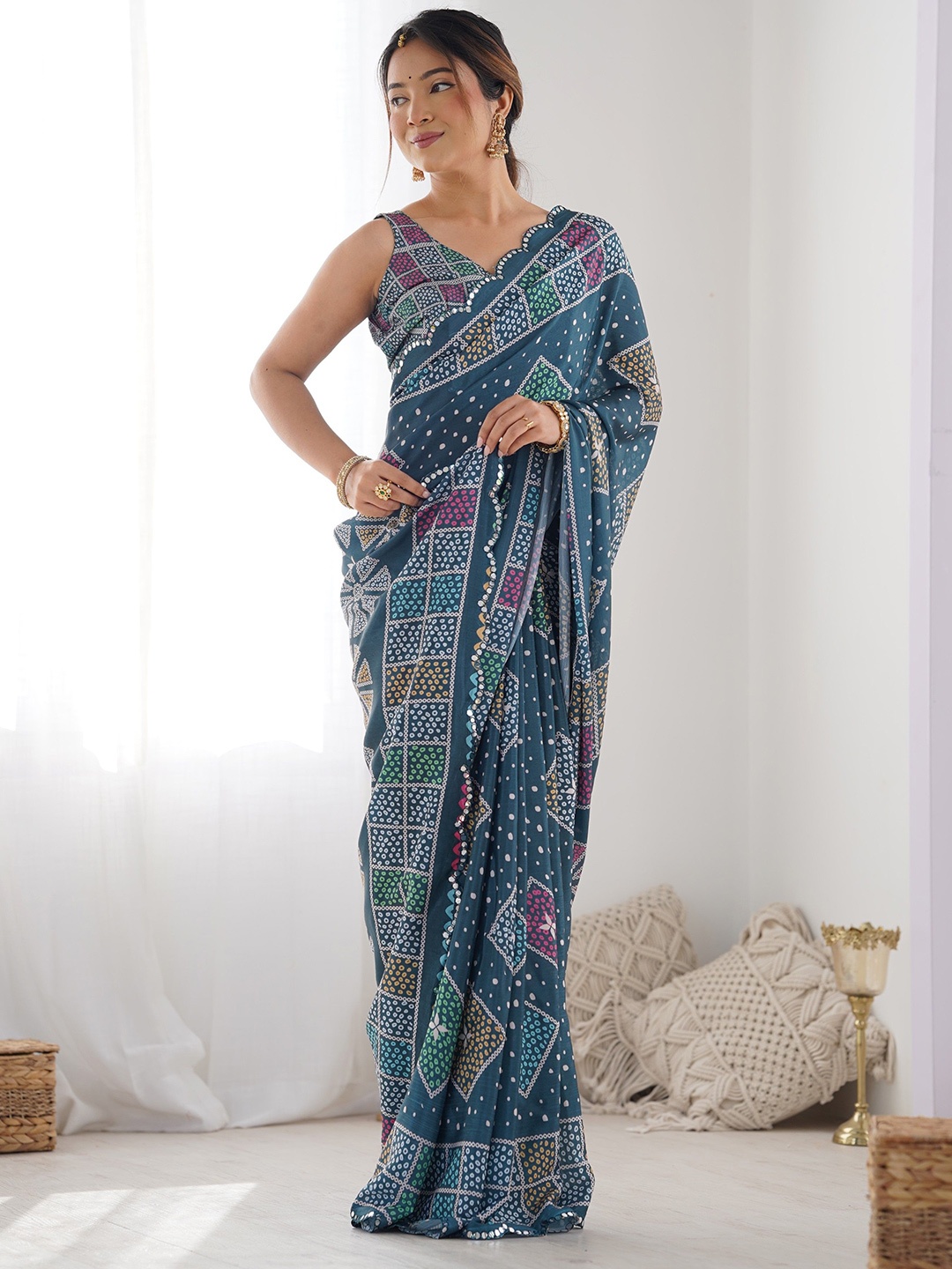 

DWIZA ENTERPRISE Printed Mirror Work Ready to Wear Saree, Blue