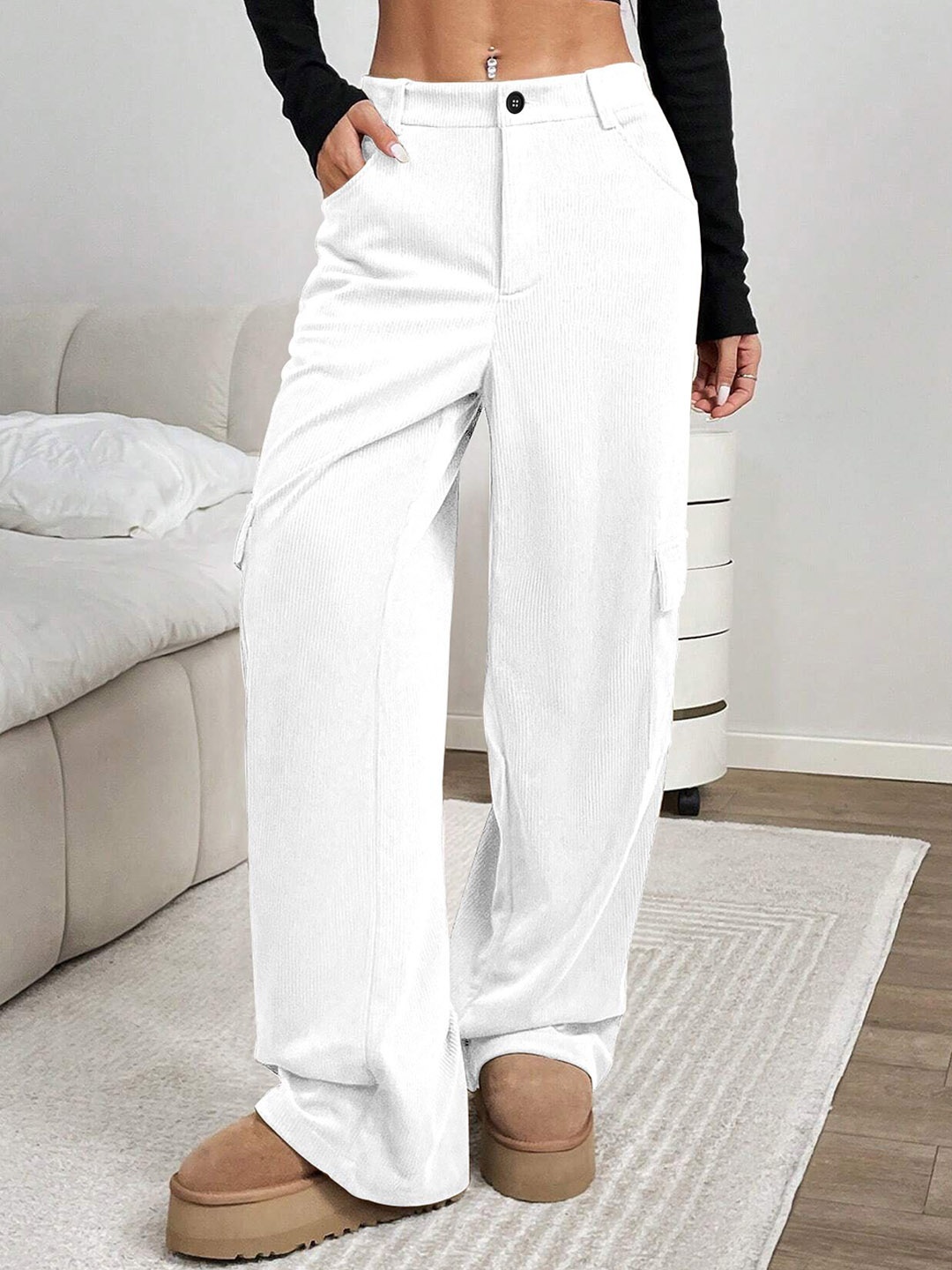 

RAJOVATI Women Loose Fit Easy Wash Trousers, White