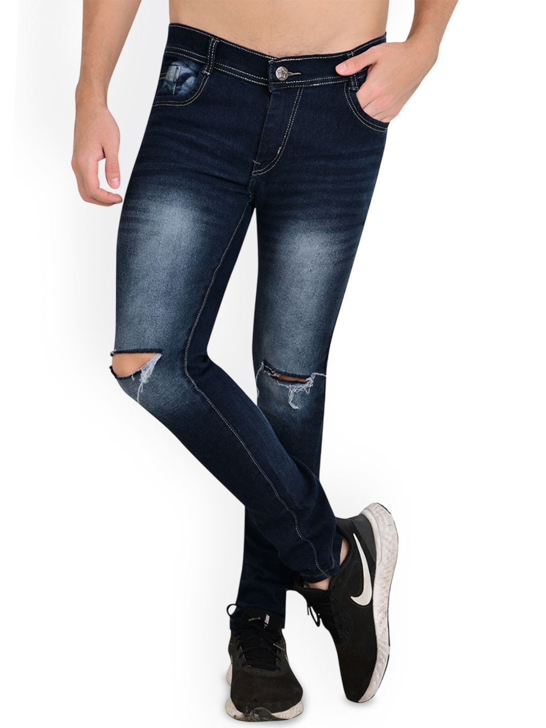 

LINARIA Men Classic Slim Fit Low-Rise Slash Knee Heavy Fade Jeans, Blue