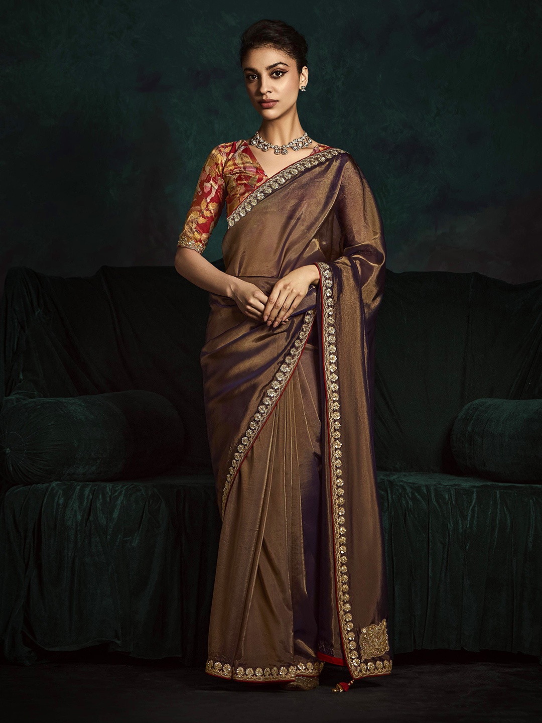

House of D&S Tissue Saree With Blouse Piece, Brown