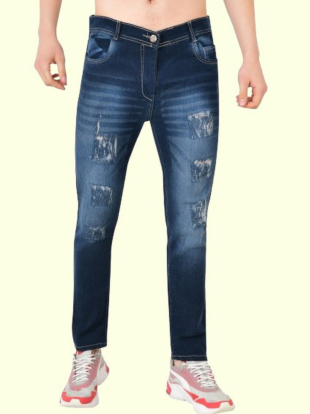 

LINARIA Men Classic Slim Fit Highly Distressed Light Fade Cotton Jeans, Blue
