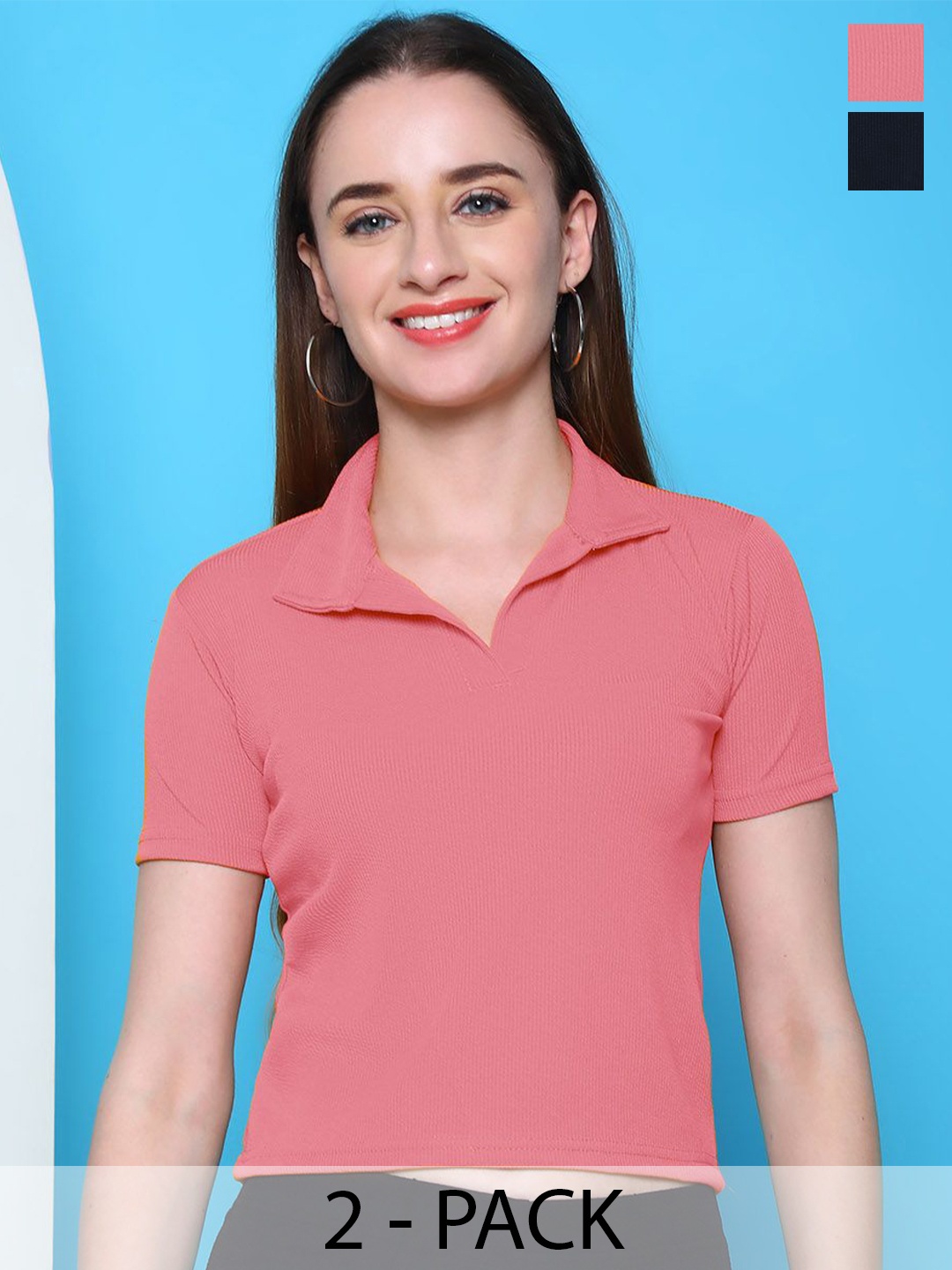 

Tromko Pack Of 2 Ribbed Polo Collar Crop Top, Pink
