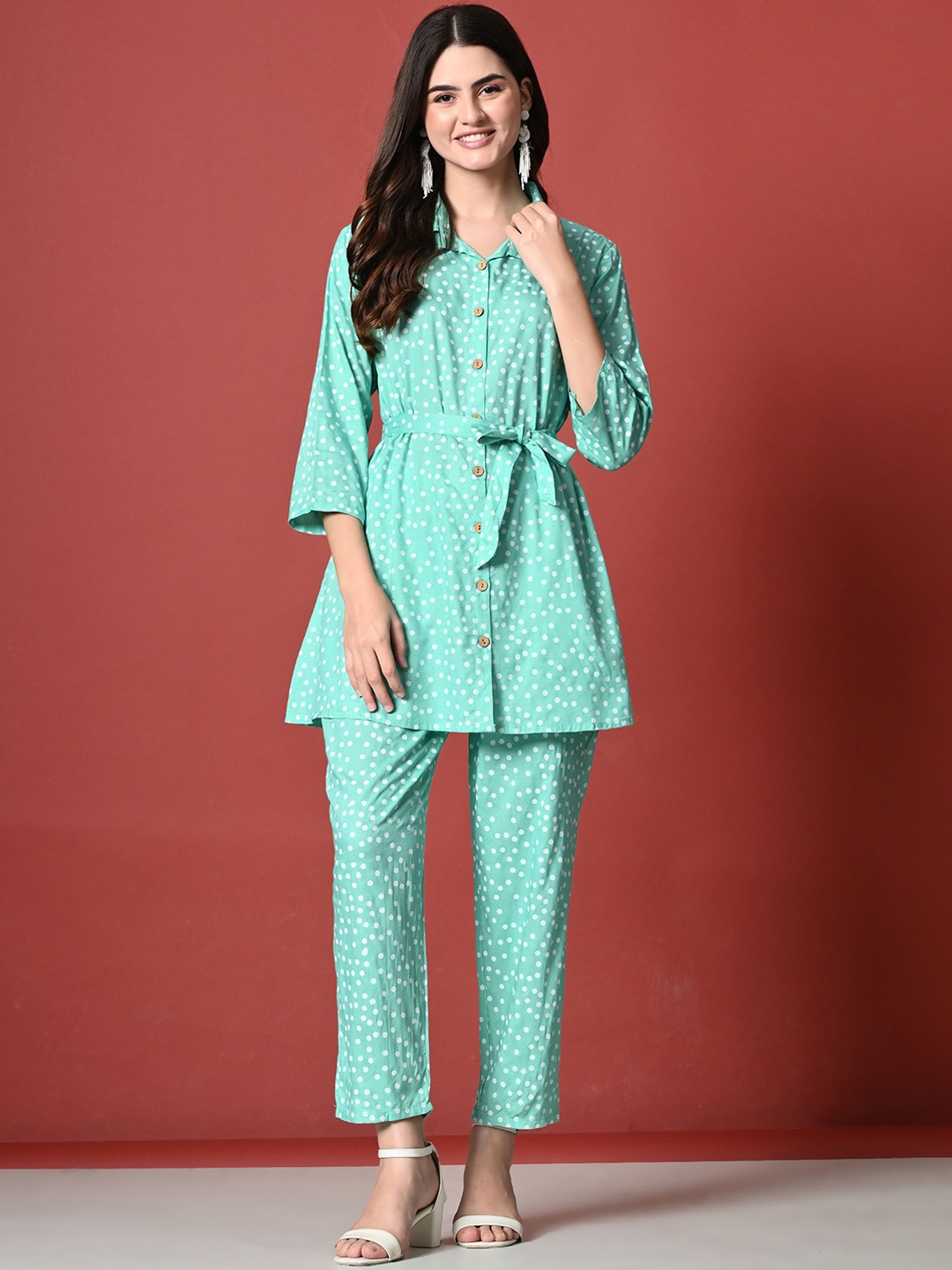 

ao services Printed Shirt Collar Tunic With Trousers, Sea green
