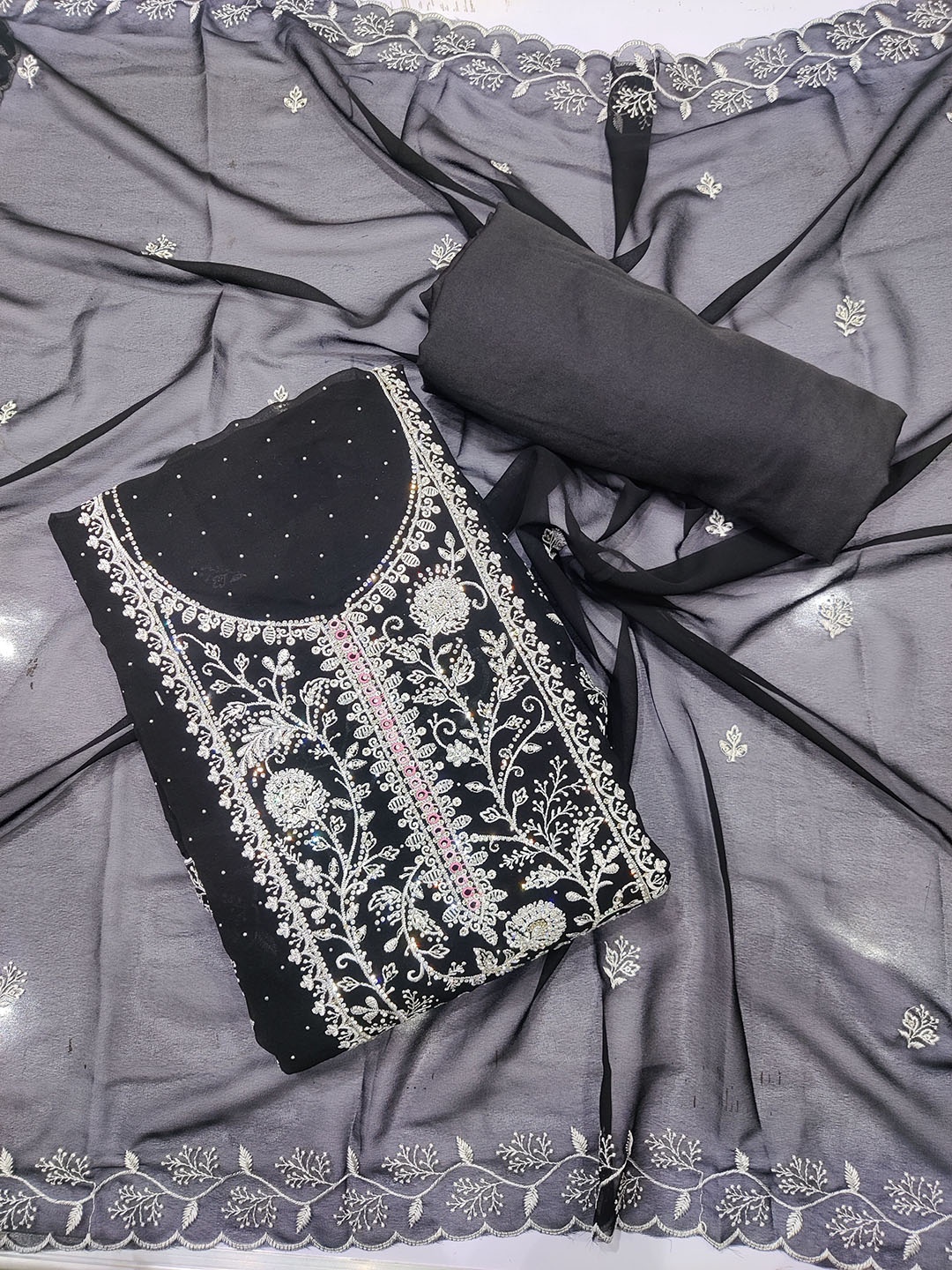 

REET MAHAL Embroidered Art Silk Unstitched Dress Material, Black