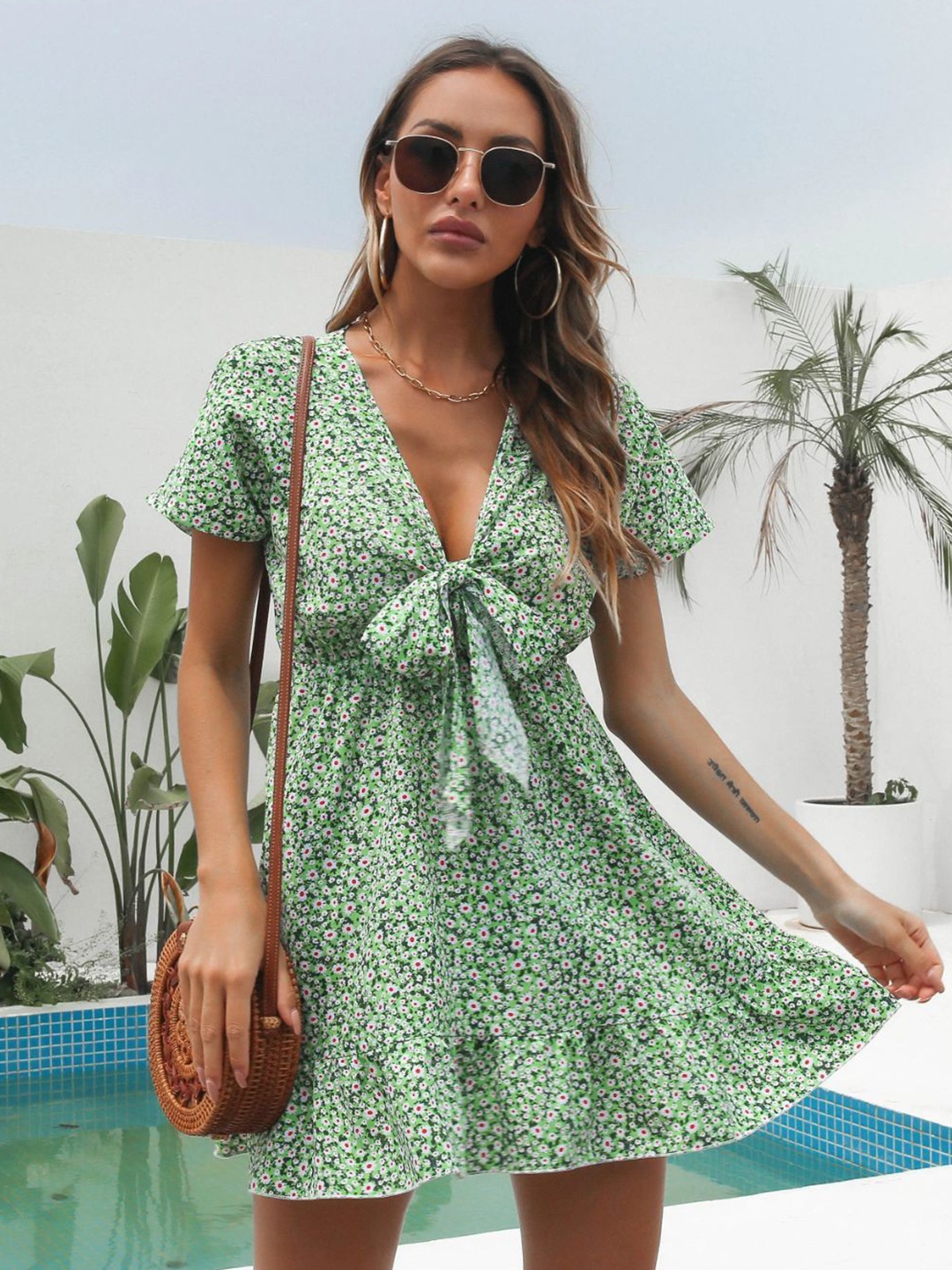 

Oh Rare Tropical Print A-Line Dress, Green