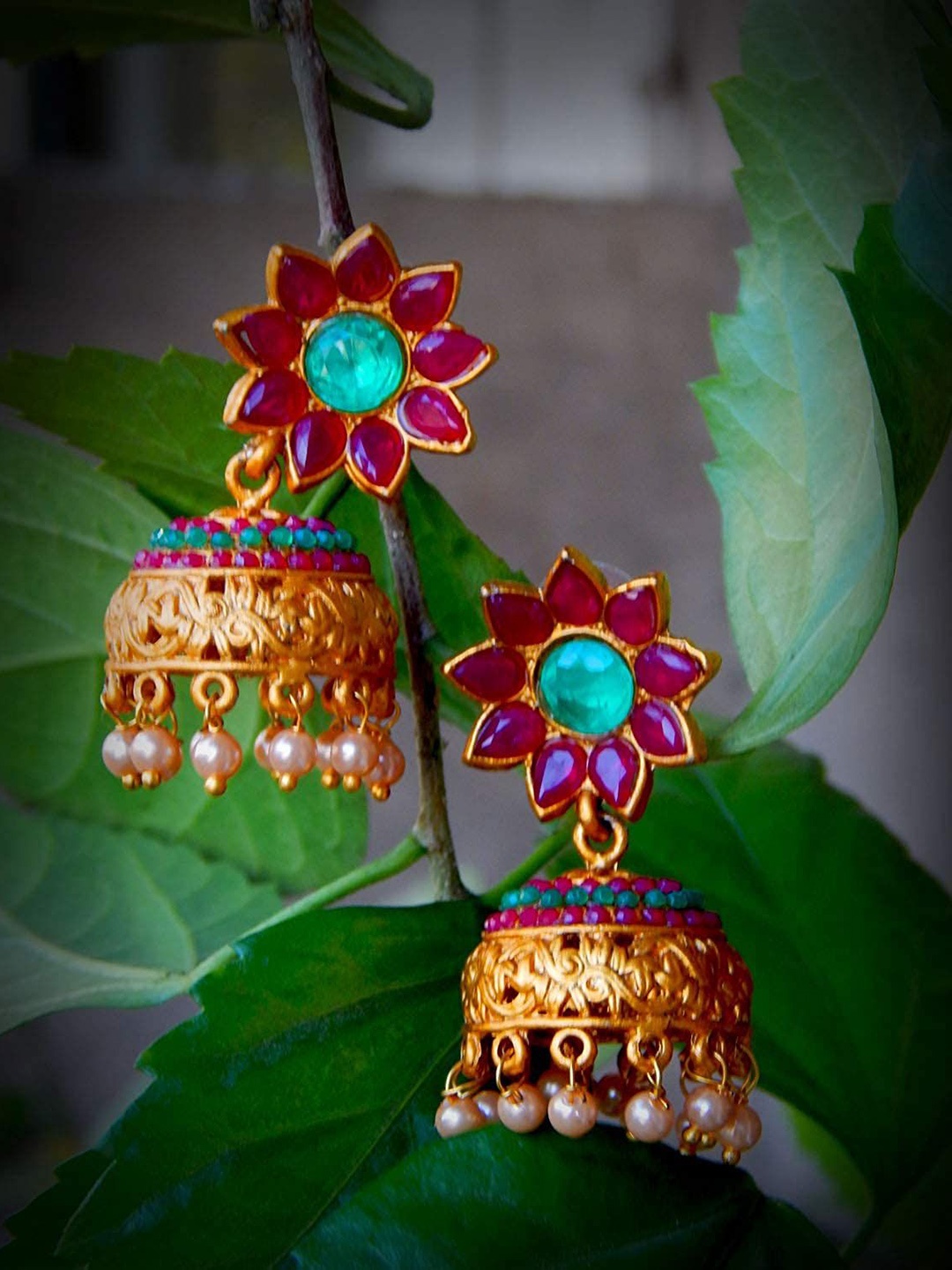 

Anouk Gold-Plated Contemporary Artificial Stones Studded And Beaded Dome Shaped Jhumkas