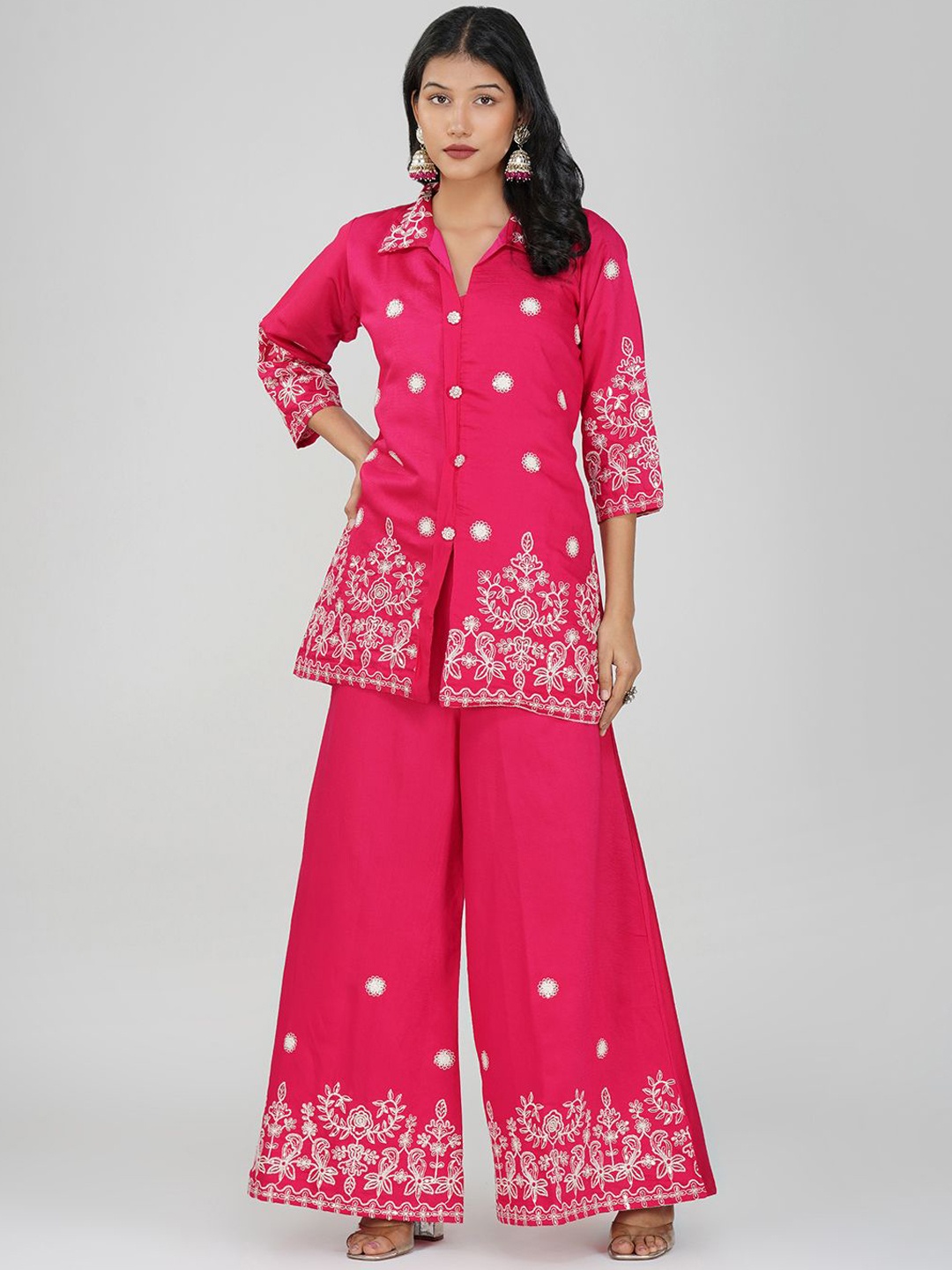 

Charitra Floral Embroidered Shirt Collar Tunic With Palazzos, Pink
