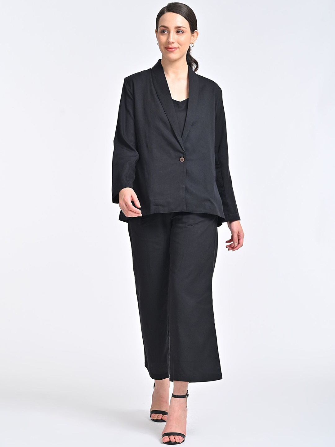 

Saltpetre 3 Pieces Shawl Collar Blazer With Top & Trouser, Black
